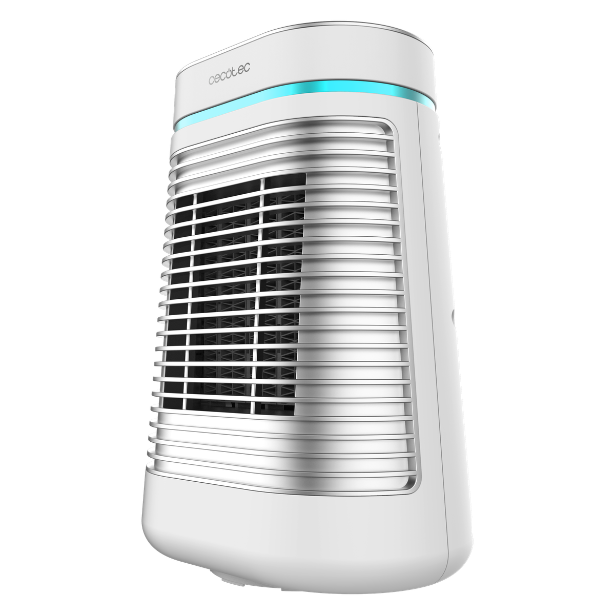 Ventilatore bianco e argento, logo CECOTEC, con pale visibili. Sfondo nero.