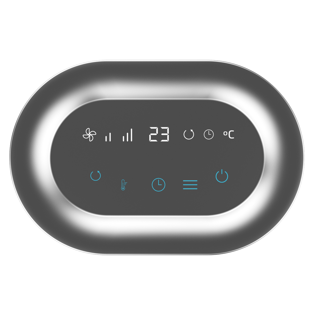 Un pannello di controllo color argento con display digitale che mostra temperatura e impostazioni.