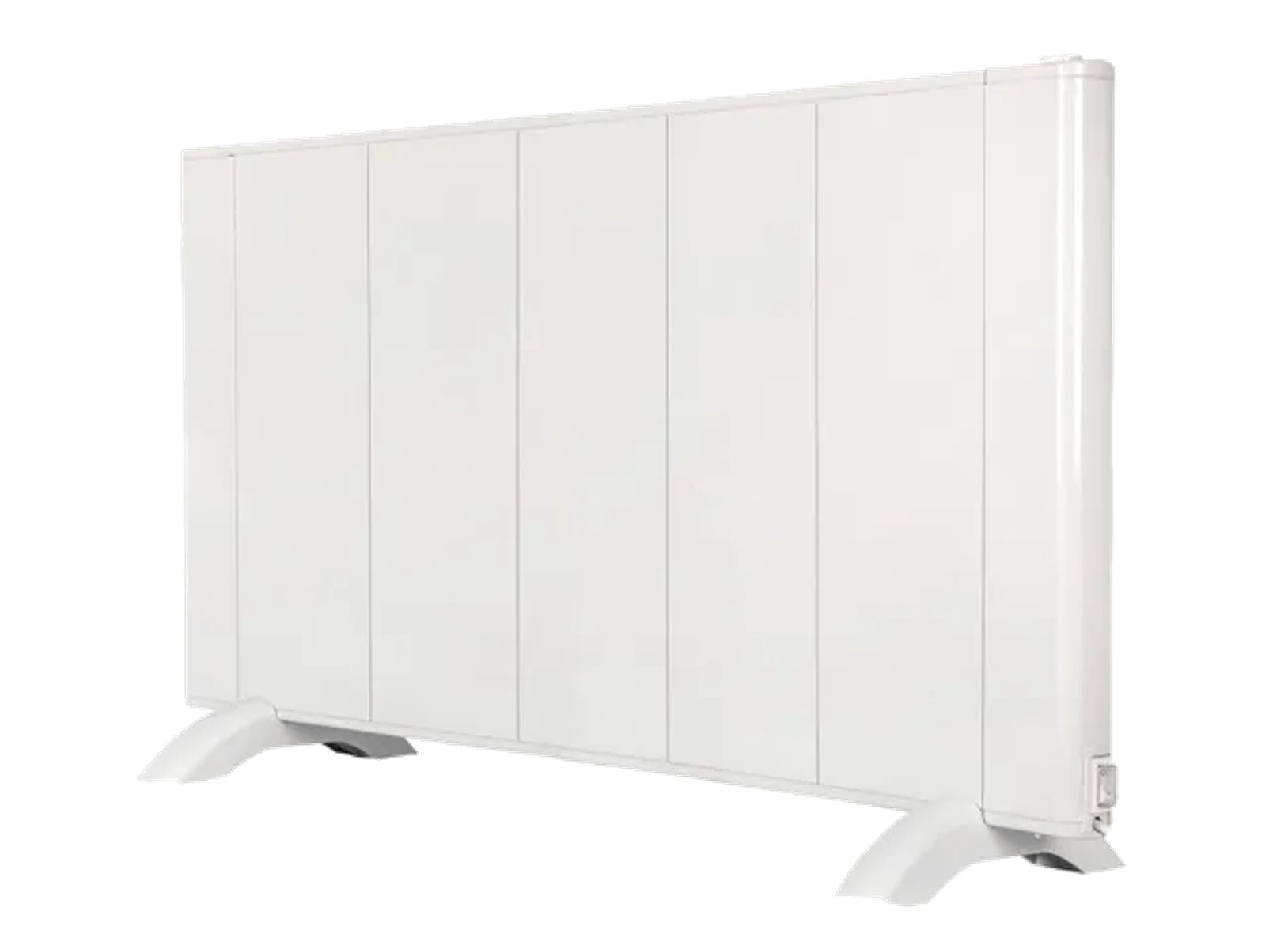Calentador eléctrico blanco con líneas verticales, sobre una superficie oscura.