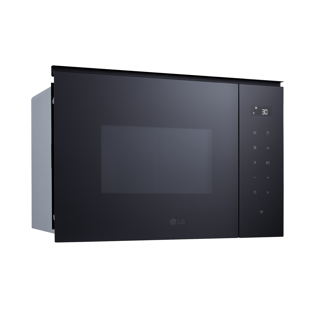 Horno microondas empotrado negro con pantalla digital y botones de control. Marca LG.