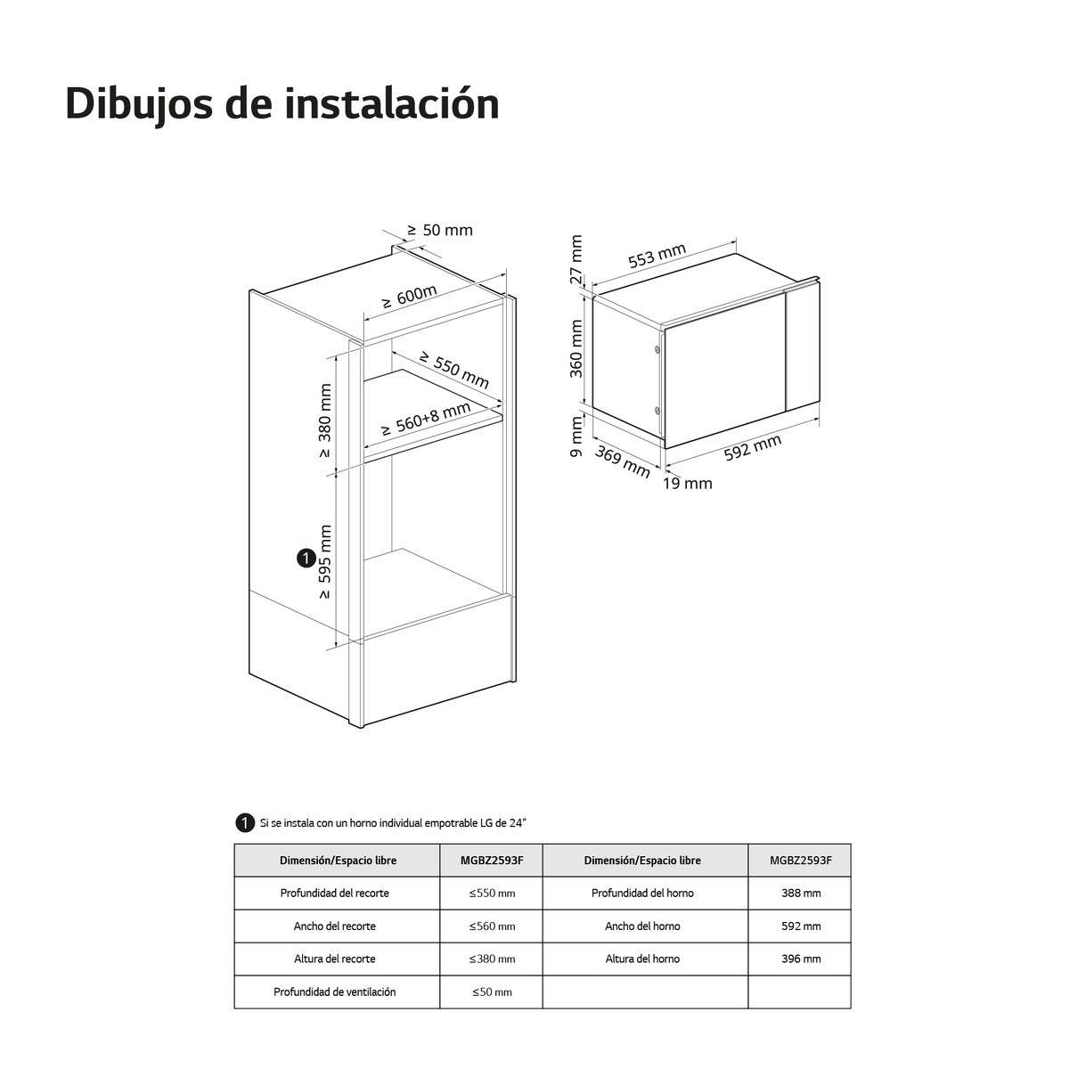 Diagrammi di installazione con misure per un forno a incasso. I diagrammi sono in bianco e nero.