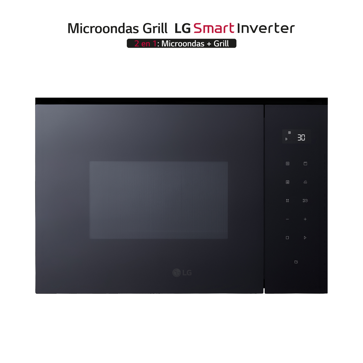 Un forno a microonde LG nero con display digitale e pannello di controllo.