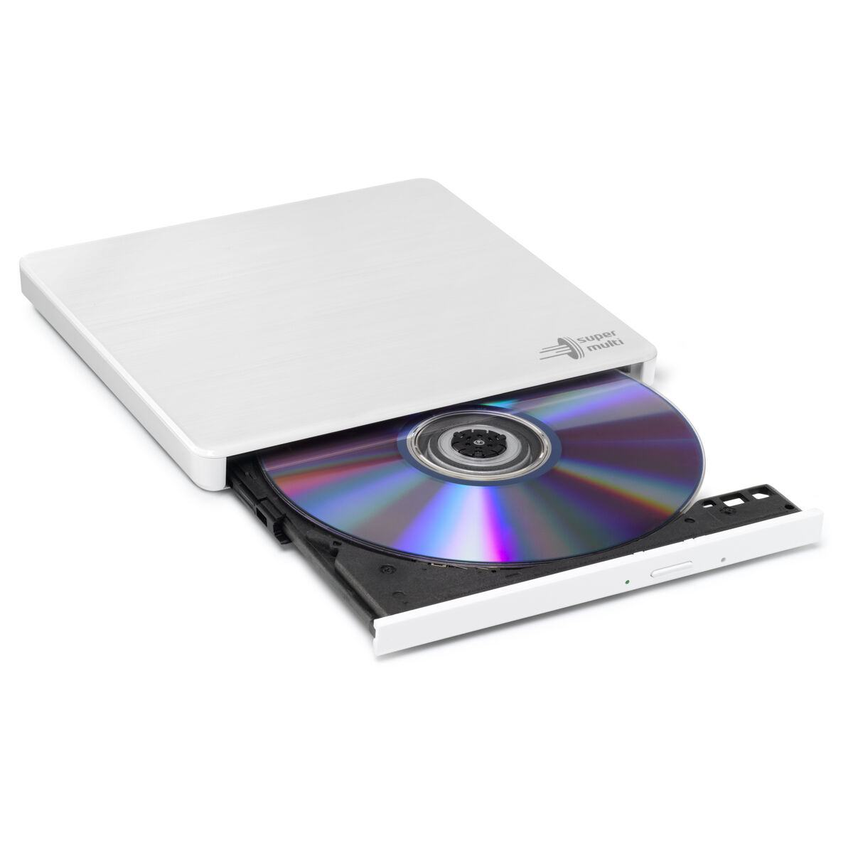 Una unidad de CD/DVD blanca con una bandeja abierta que contiene un CD. La unidad tiene un acabado metálico plateado cepillado.