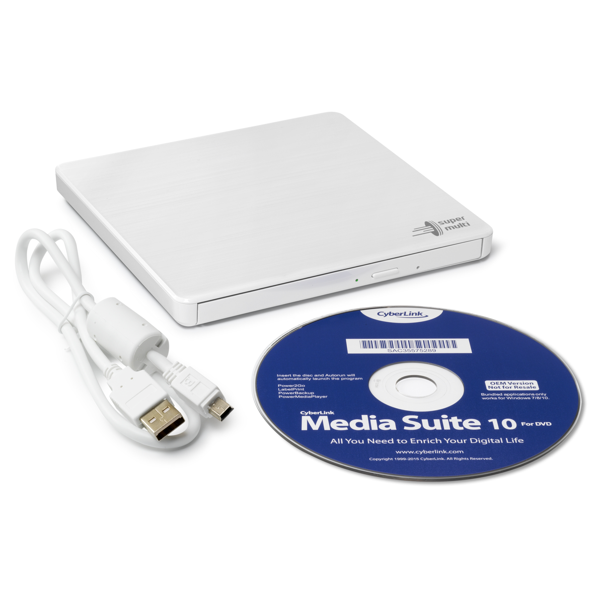 Unidad de CD/DVD blanca con un disco y un cable USB. Etiqueta CyberLink Media Suite 10 visible.