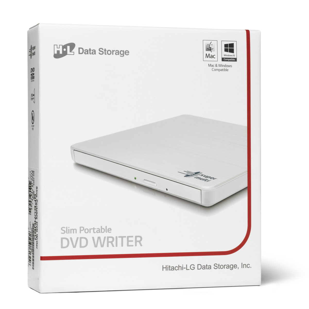 Caja blanca con un grabador de DVD y una imagen de un grabador de DVD dentro.