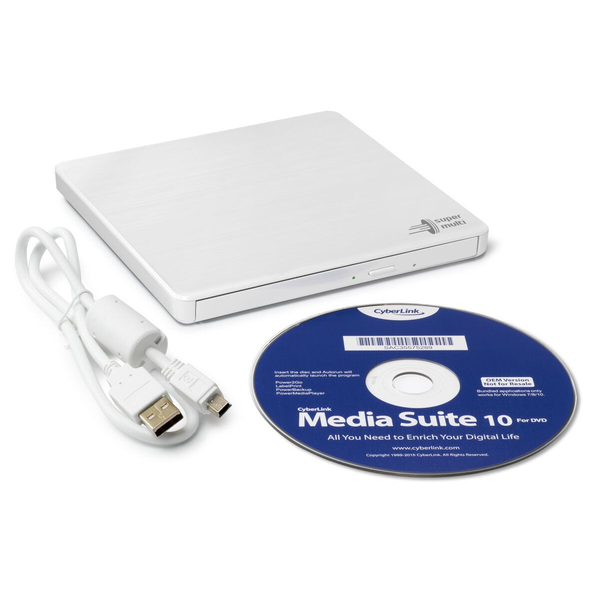 Una unidad de CD/DVD externa blanca, un CD y un cable USB, todo sobre una superficie blanca.