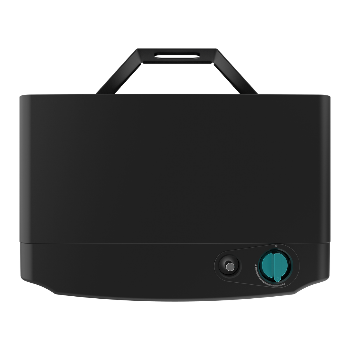 Umidificatore portatile nero con maniglia e quadrante di controllo, vista dall'alto.