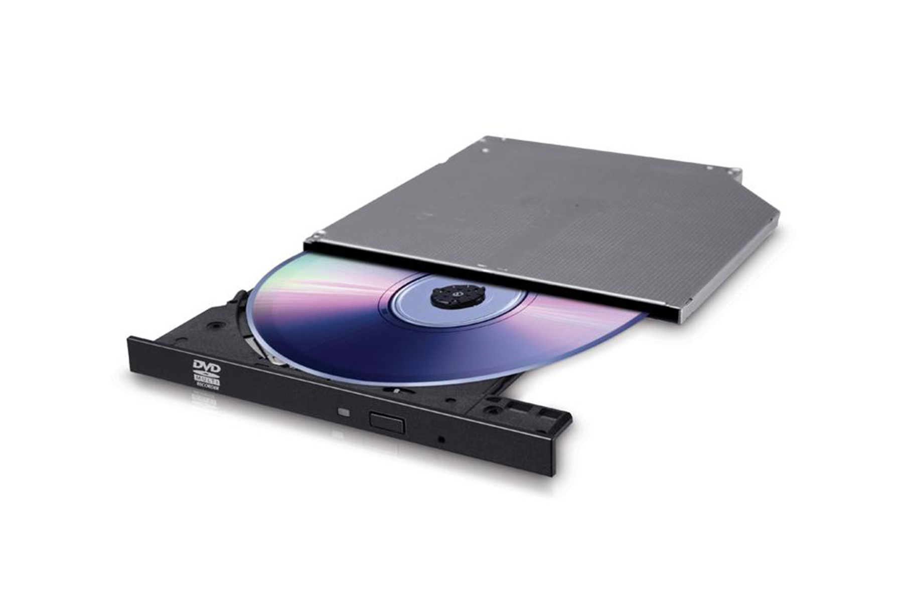 Unità DVD con un disco all'interno. L'unità è estesa, mostrando il disco. Lo sfondo è bianco.