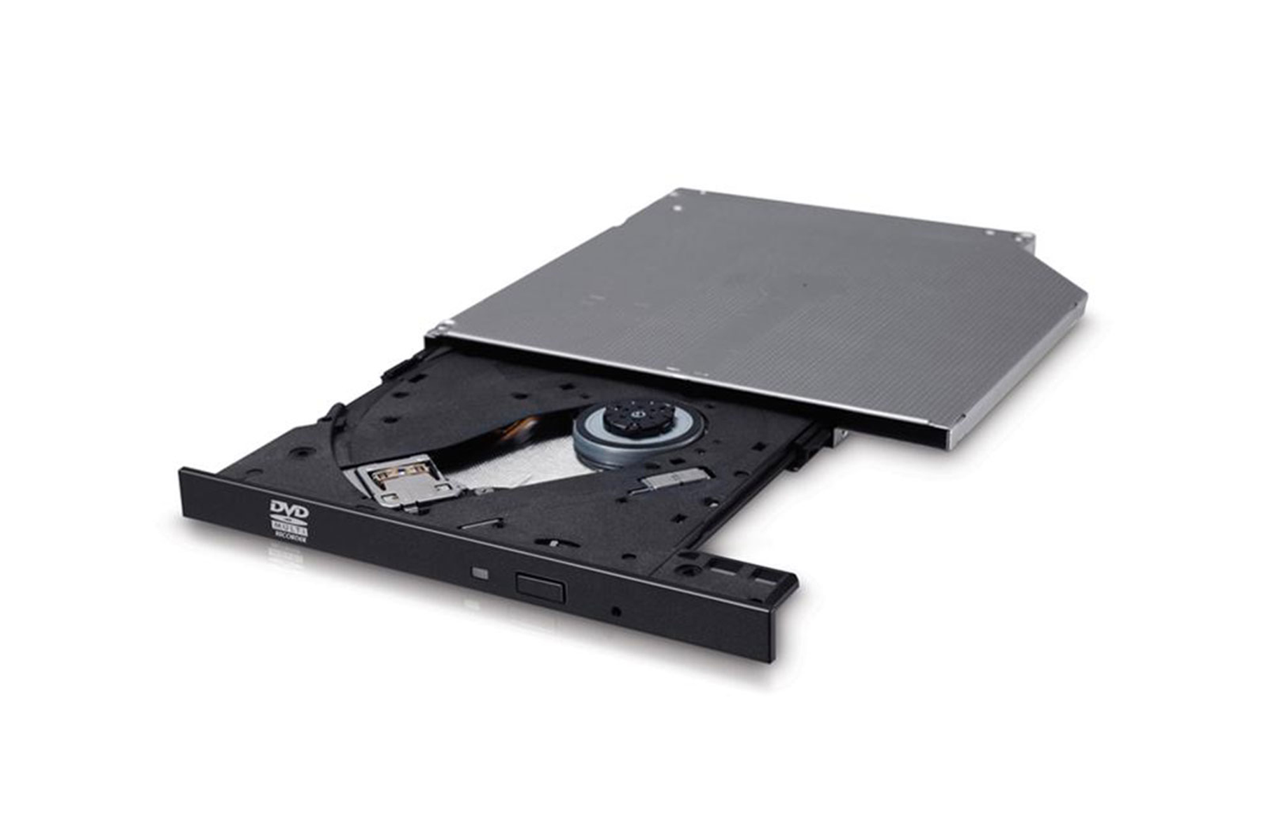 Unità DVD. Coperchio argentato aperto, base nera con componenti visibili.