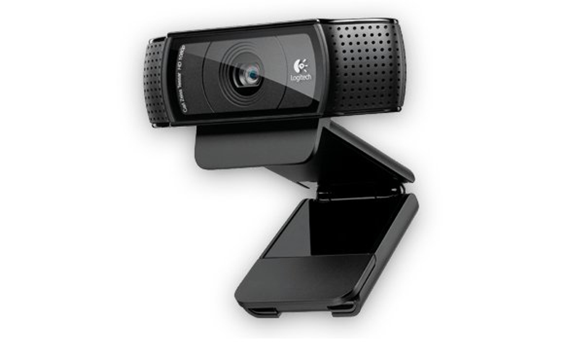 Una webcam Logitech negra con lente y dos altavoces. Montada en un soporte.
