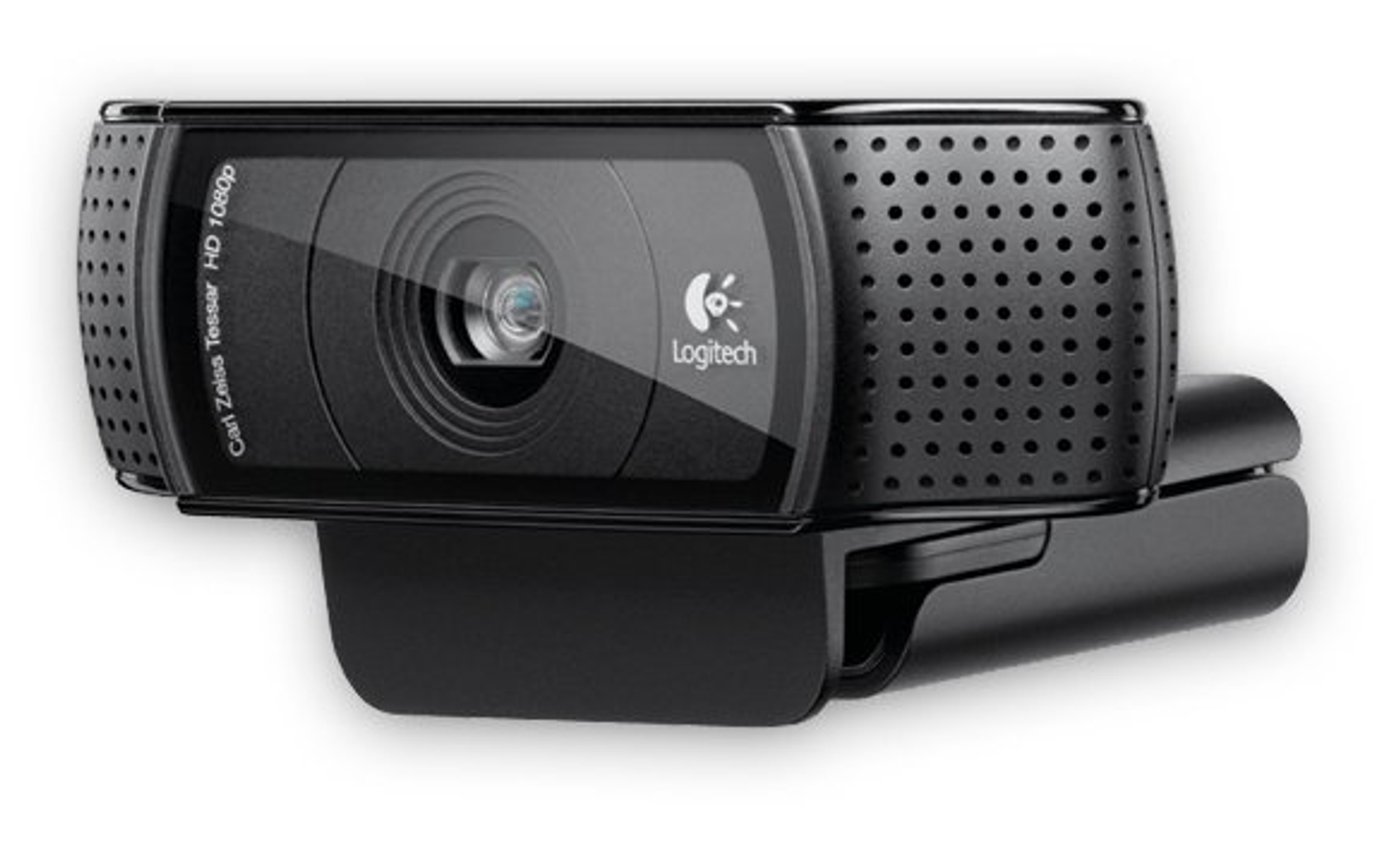 Cámara web Logitech negra con lente Carl Zeiss y micrófono integrado. Tiene un soporte negro.