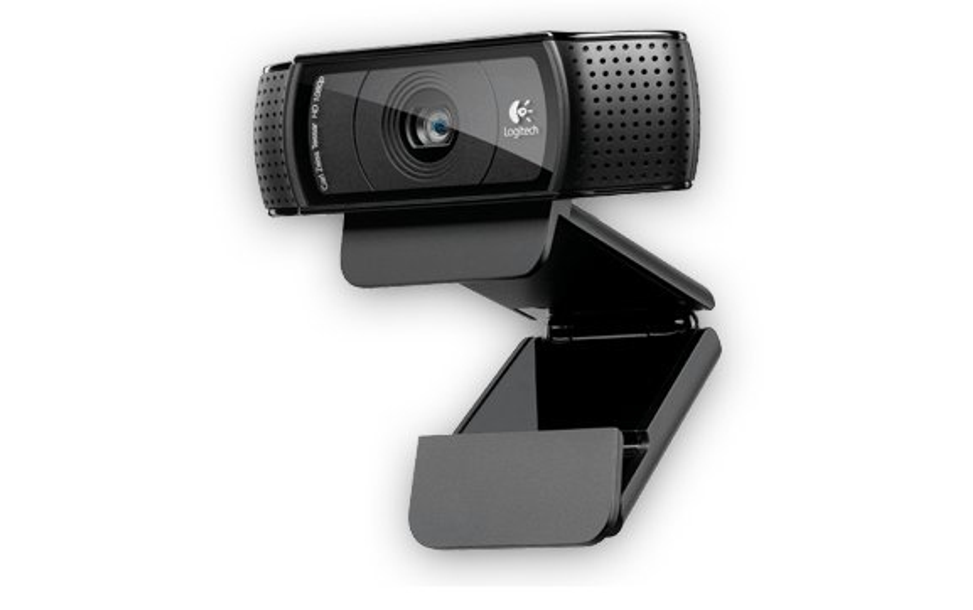 Cámara web Logitech negra con soporte, sobre fondo blanco.