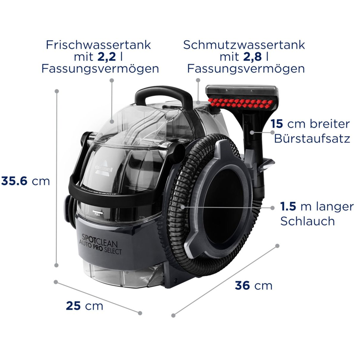 Odkurzacz z wymiarami, zbiornikami na wodę i głowicą szczotki.