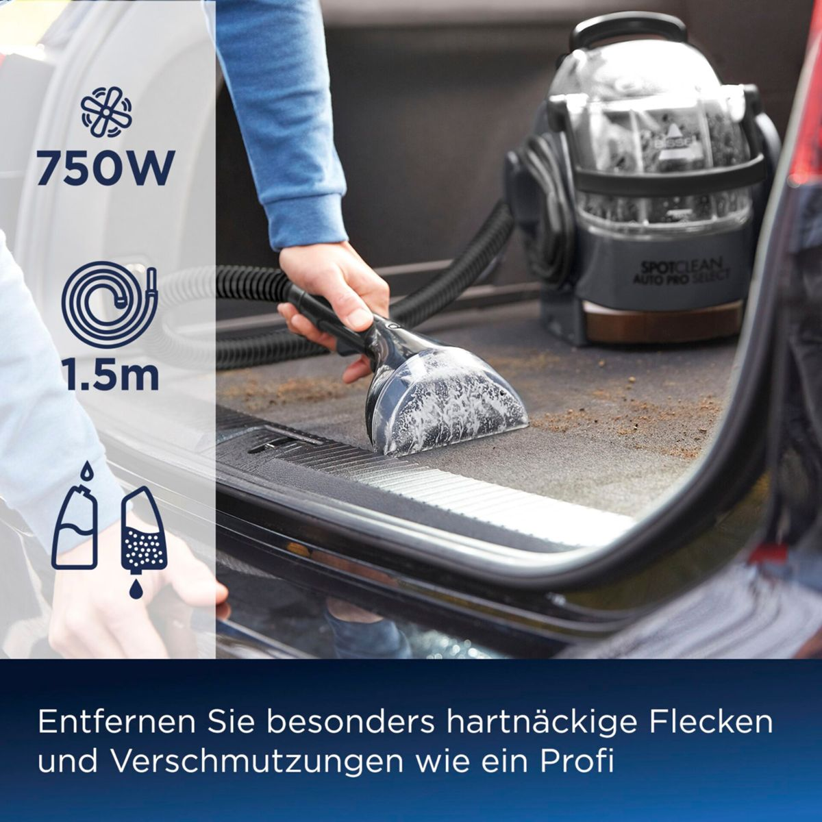 Osoba czyszcząca wnętrze samochodu odkurzaczem Bissell SpotClean, pokazując proces.