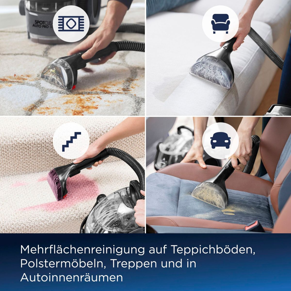 Cztery obrazy narzędzia do czyszczenia używanego na różnych powierzchniach: dywanie, kanapie, schodach i siedzeniu samochodowym.