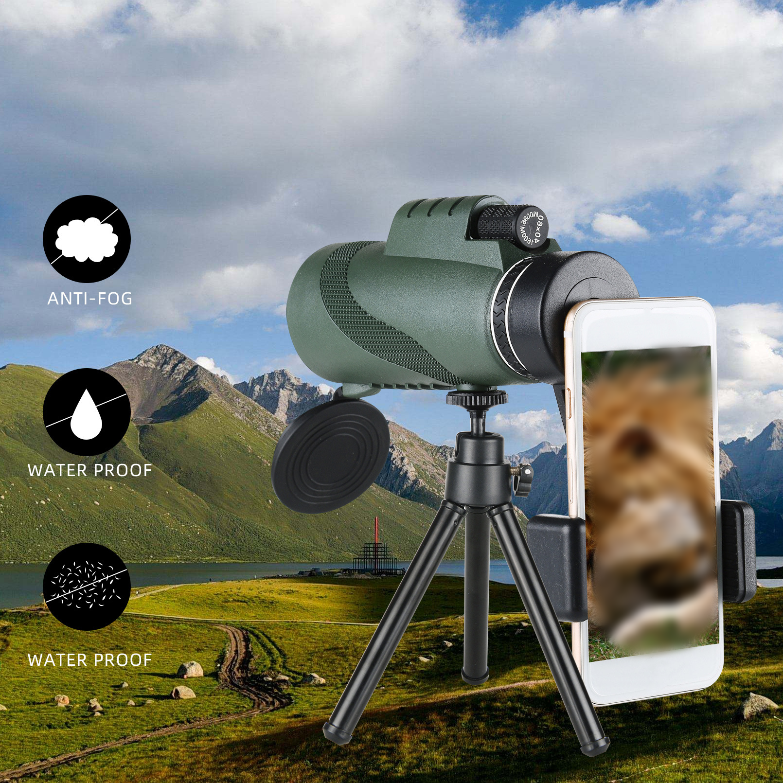 Ein grünes und schwarzes Monokular mit einem daran befestigten Telefon. Der Hintergrund ist eine Landschaft mit einem See.
