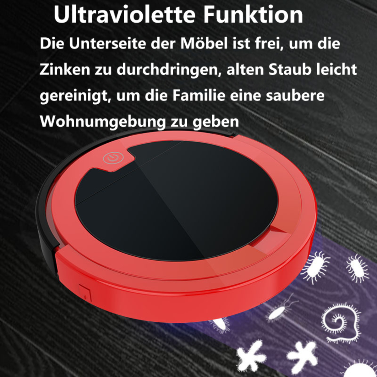 Ein roter und schwarzer Roboter-Staubsauger mit Text, der seine Reinigungsfunktion erklärt.