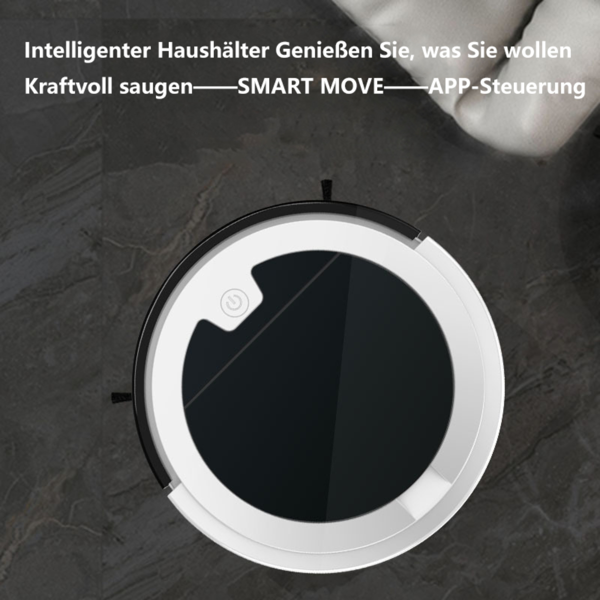 Roboter-Staubsauger. Weißes und schwarzes Design, kreisförmige Form. Text auf Deutsch oben.