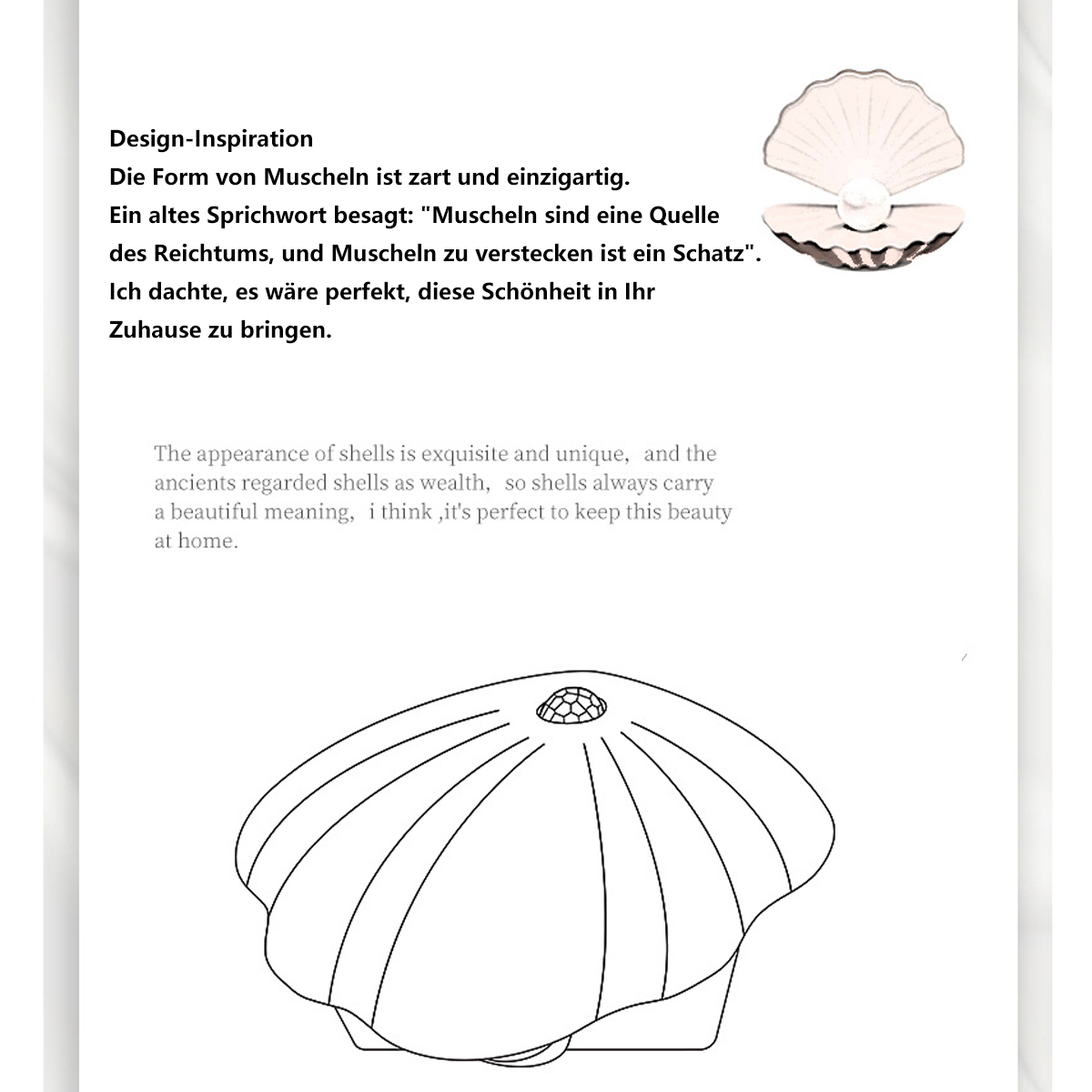 Ein Muscheldesign. Schwarze Umrisse auf weißem Hintergrund. Text über Muscheln auf Deutsch.