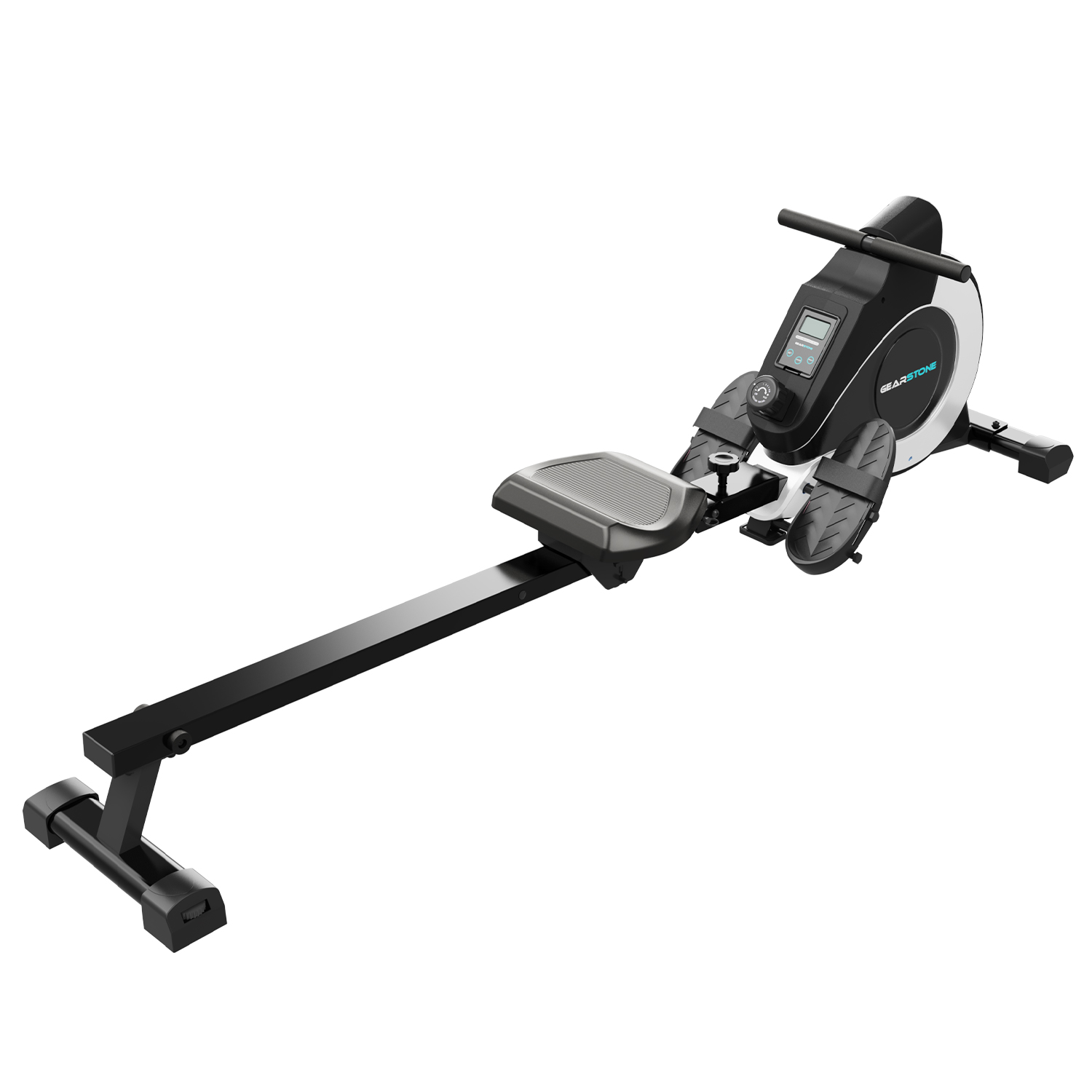 Czarno-biała maszyna do wiosłowania z wyświetlaczem cyfrowym i podnóżkami. Siedzisko jest szare.