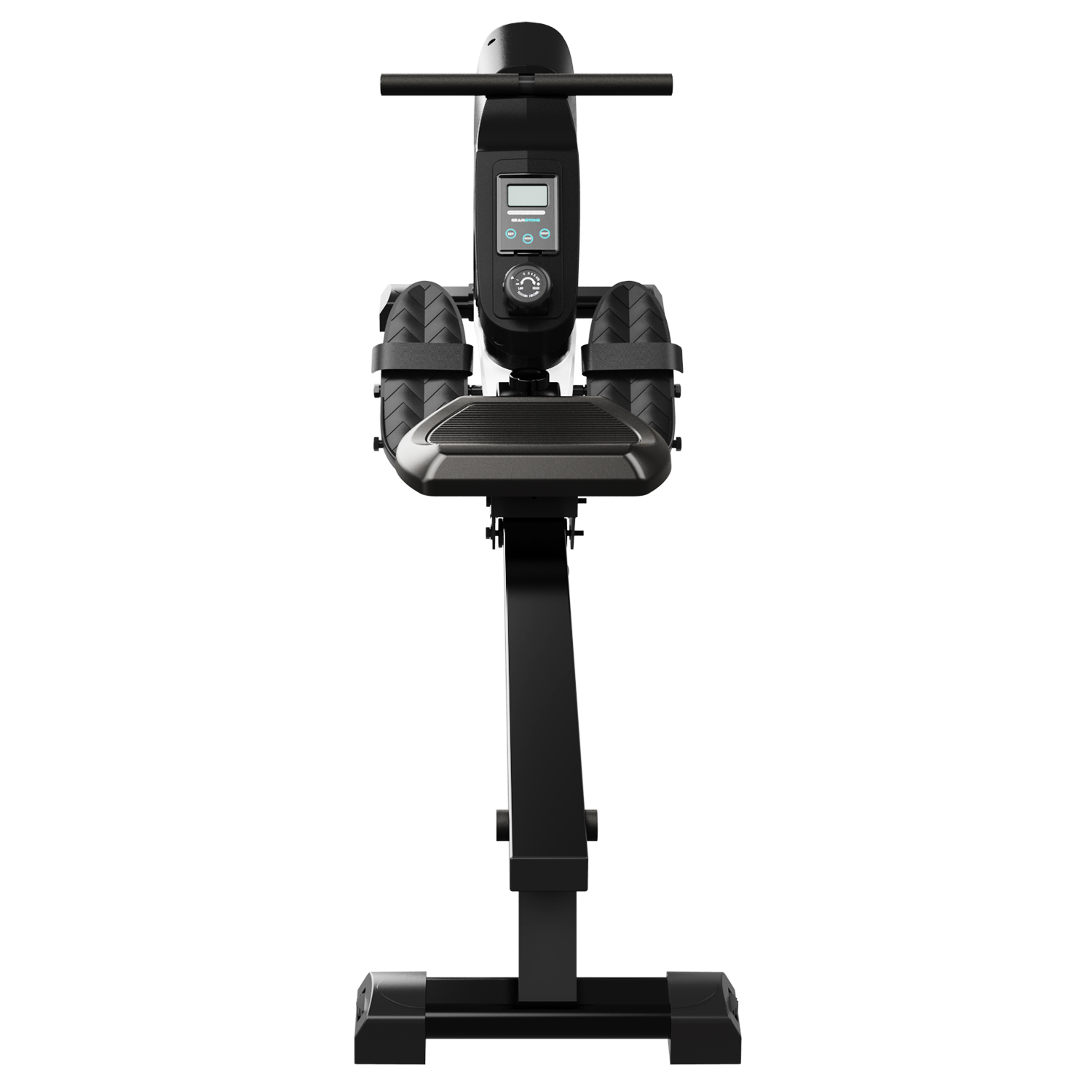 Czarna maszyna do wiosłowania, widok z przodu, wyświetlacz cyfrowy. Białe tło.