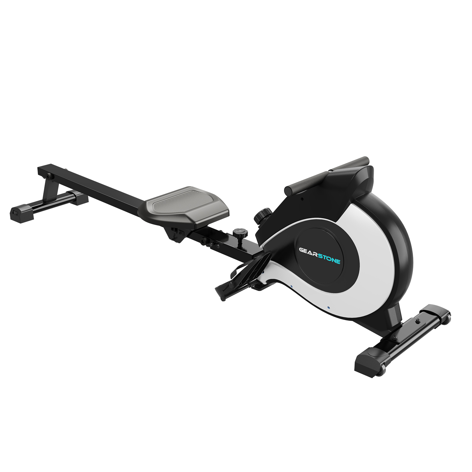 Wioślarz, czarno-biały, z siedziskiem, podnóżkami i konsolą centralną. Widoczne logo Gearstone.