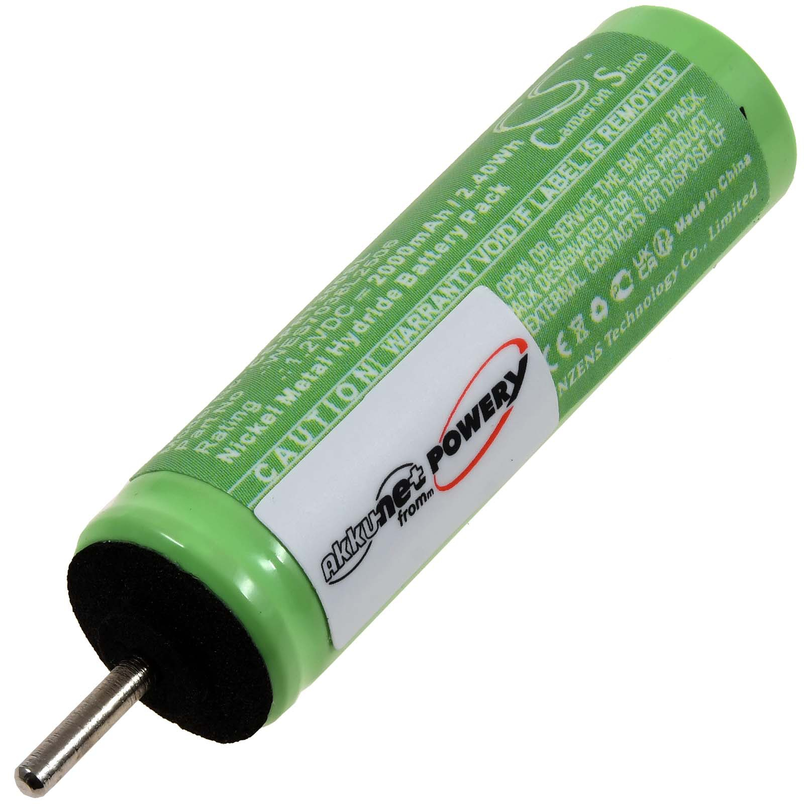 Grüne zylindrische Batterie mit schwarzen Enden und einem silbernen Anschluss. Hat ein weißes Etikett mit Text.