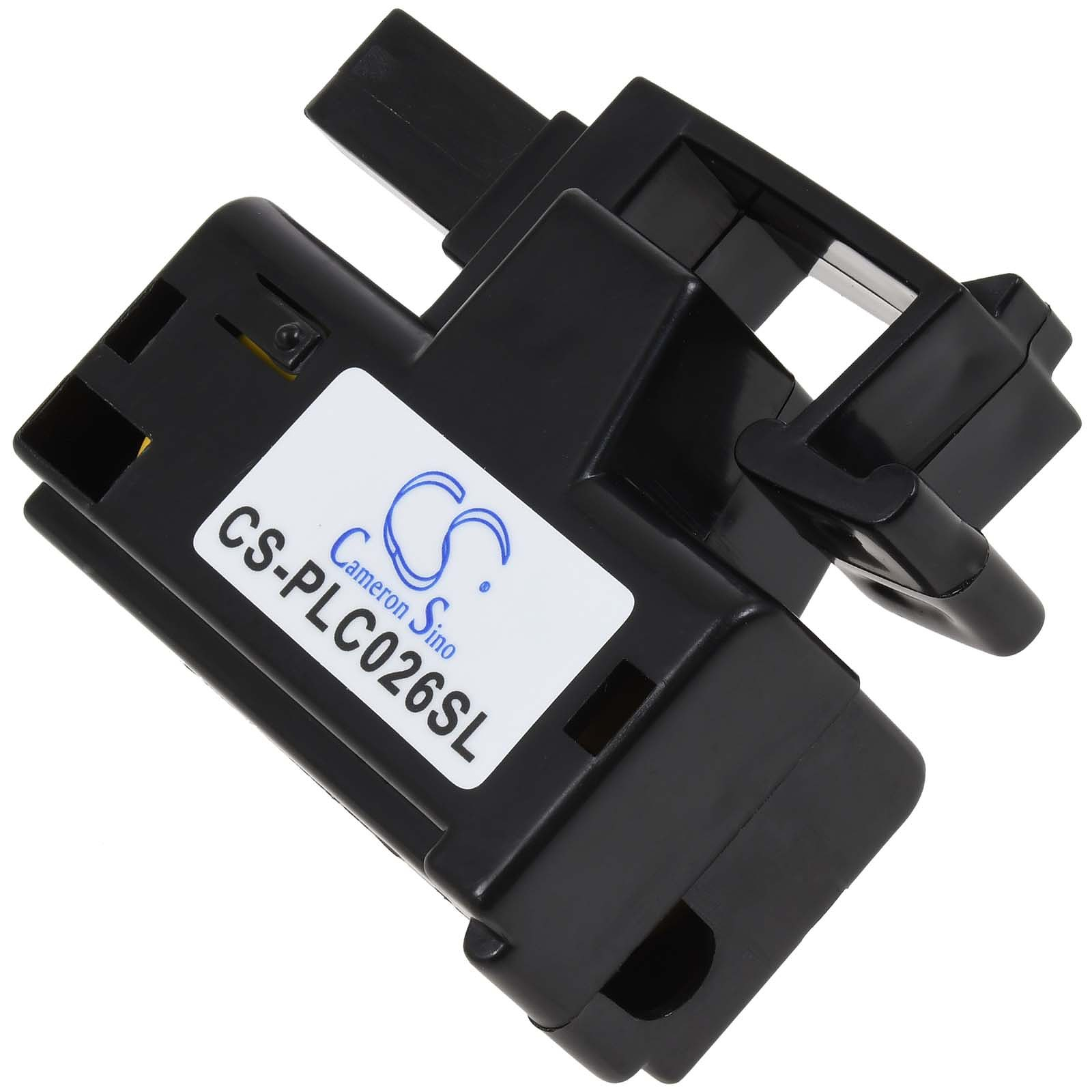 Schwarzes Gerät mit weißem Etikett CS-PLC026SL. Schwarzer Kunststoff.