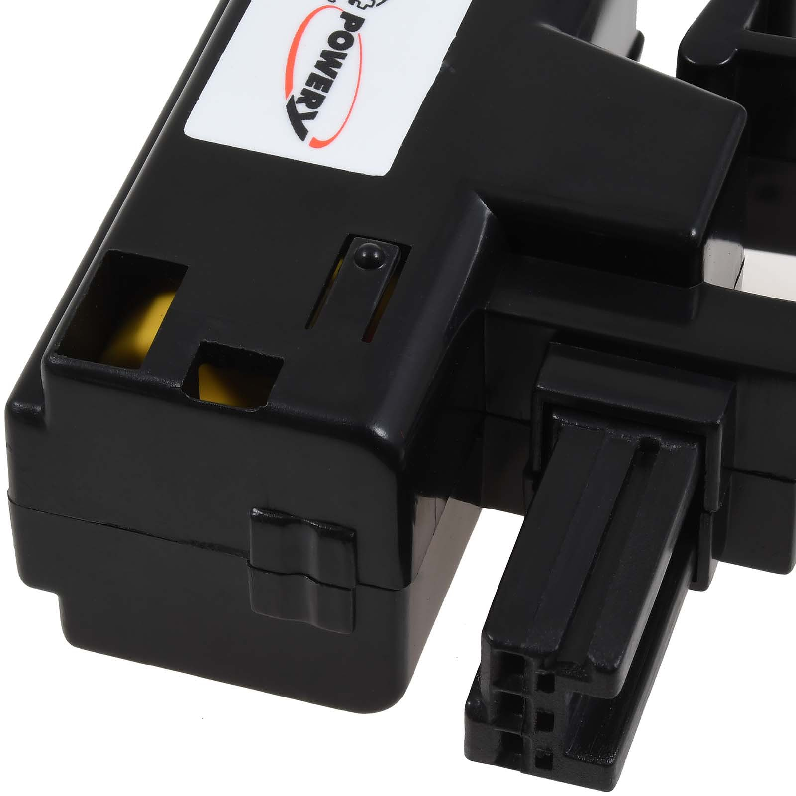 Schwarzes elektronisches Bauteil, weißes Etikett, schwarze Anschlüsse.