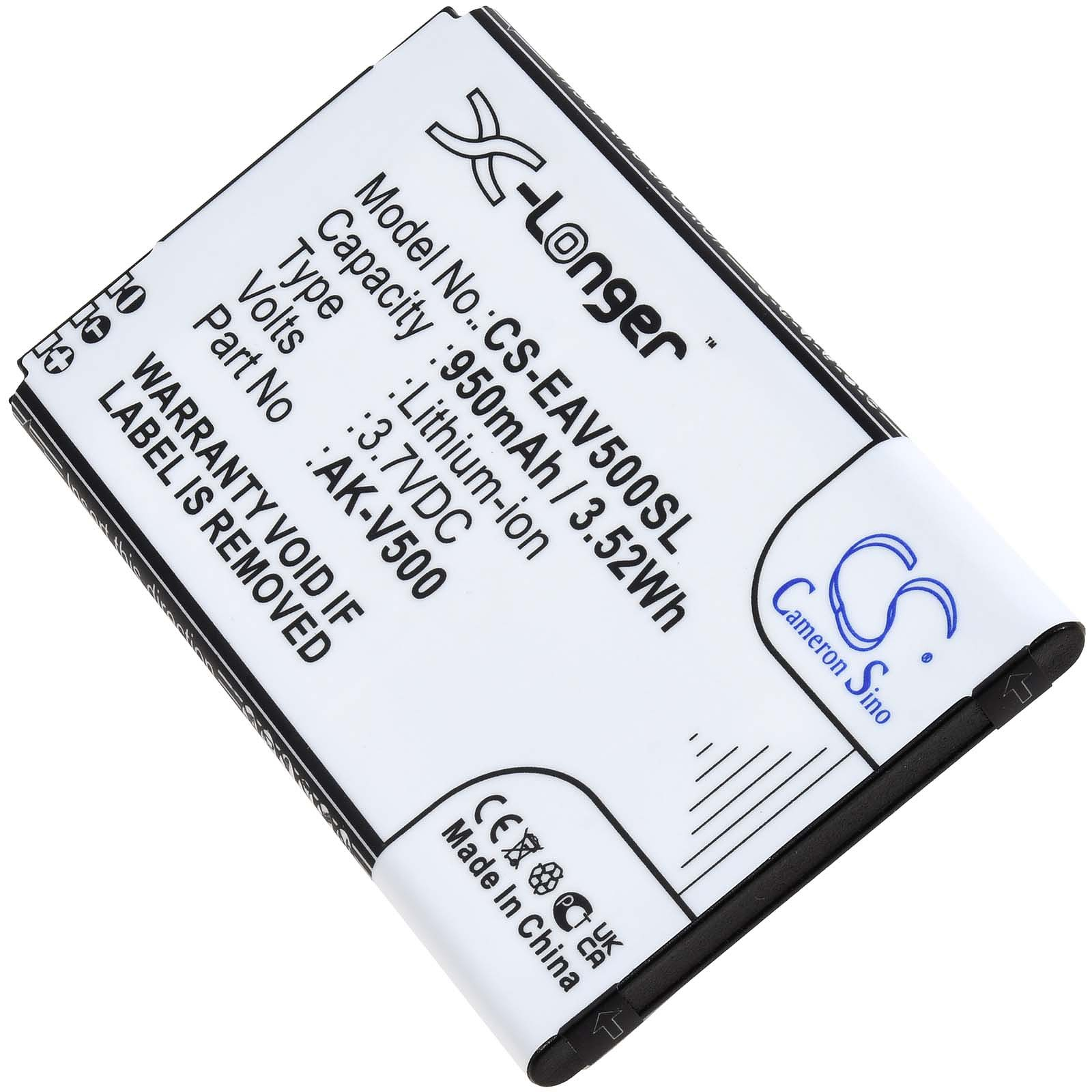 Eine weiße und schwarze Batterie mit Text. Es steht X-Longer, 950mAh, 3,7VDC und andere Details.