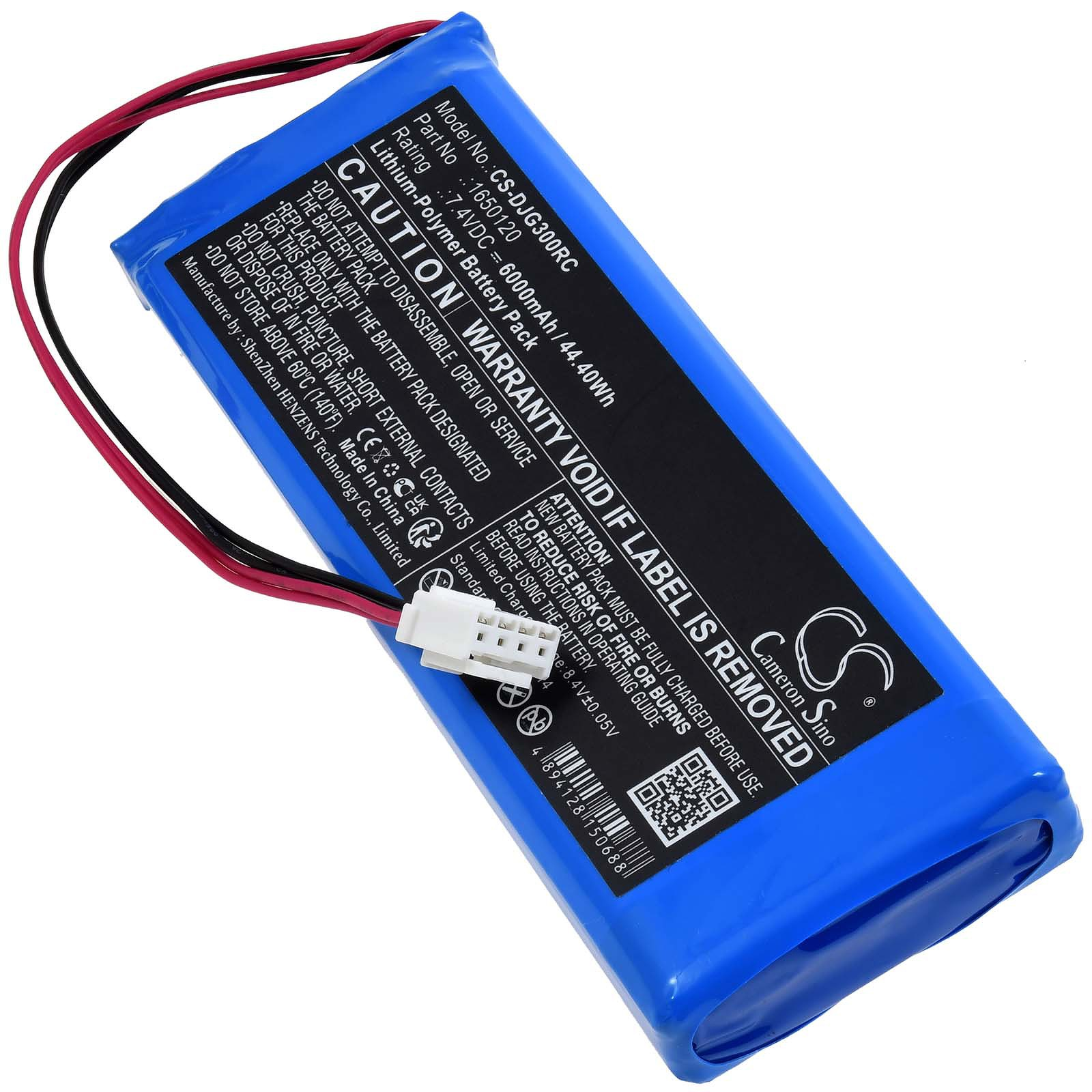 Eine blaue Batterie mit Etikett. Rote und schwarze Drähte führen heraus. Text auf dem Etikett.