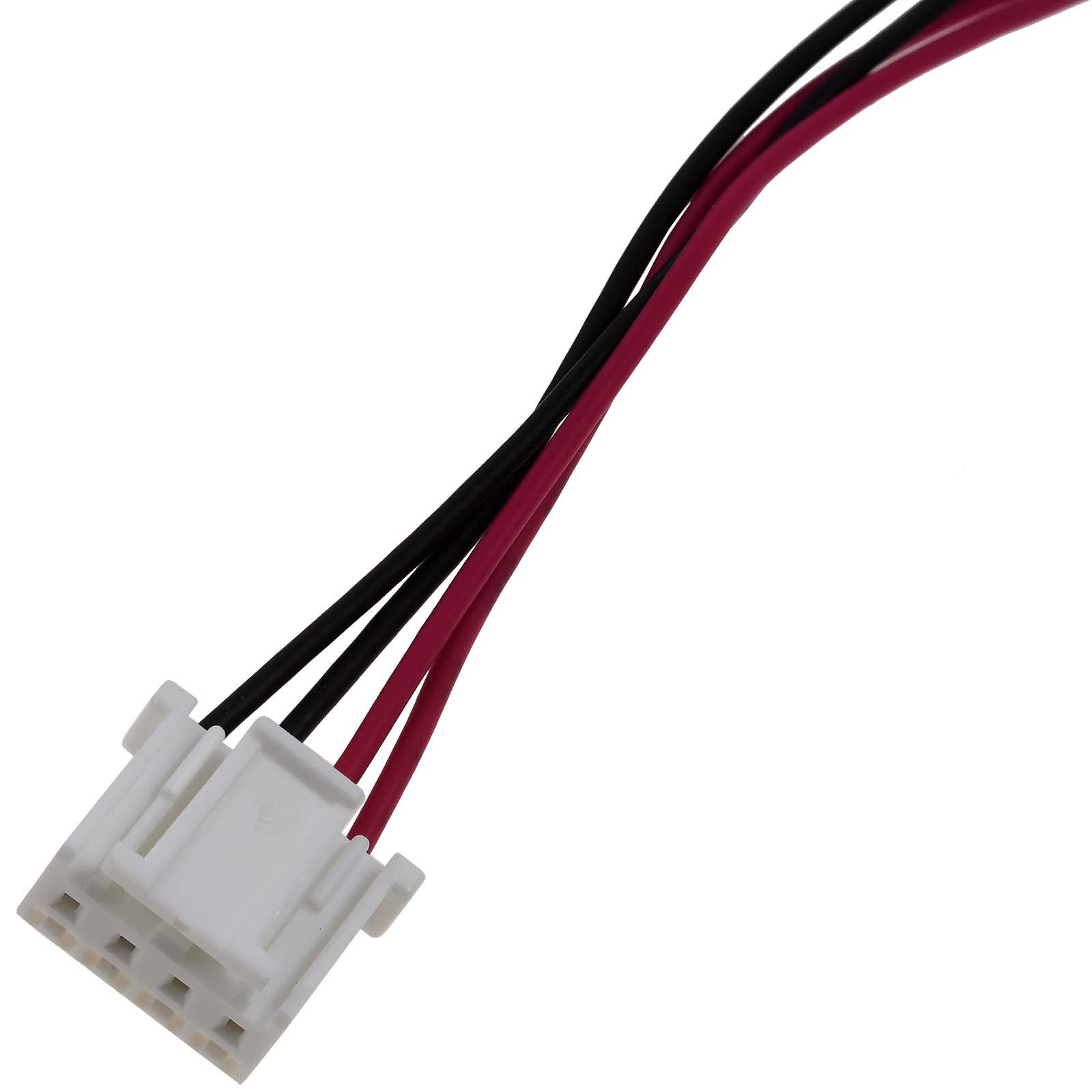 Weißer Stecker mit schwarzen und roten Drähten.