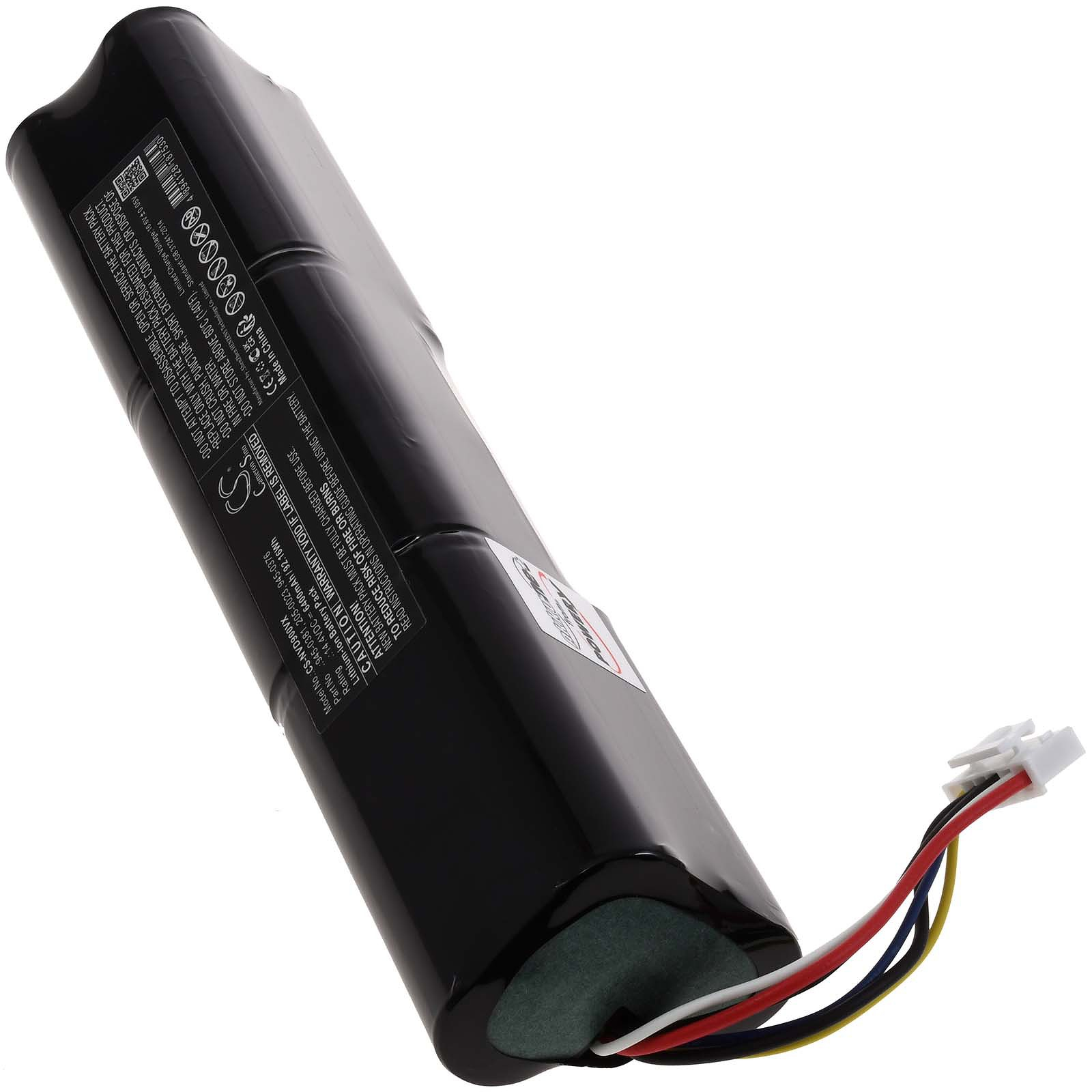 Eine schwarze zylindrische Batterie mit Etiketten und Verkabelung. Drähte haben rote, weiße, gelbe und schwarze Farben.