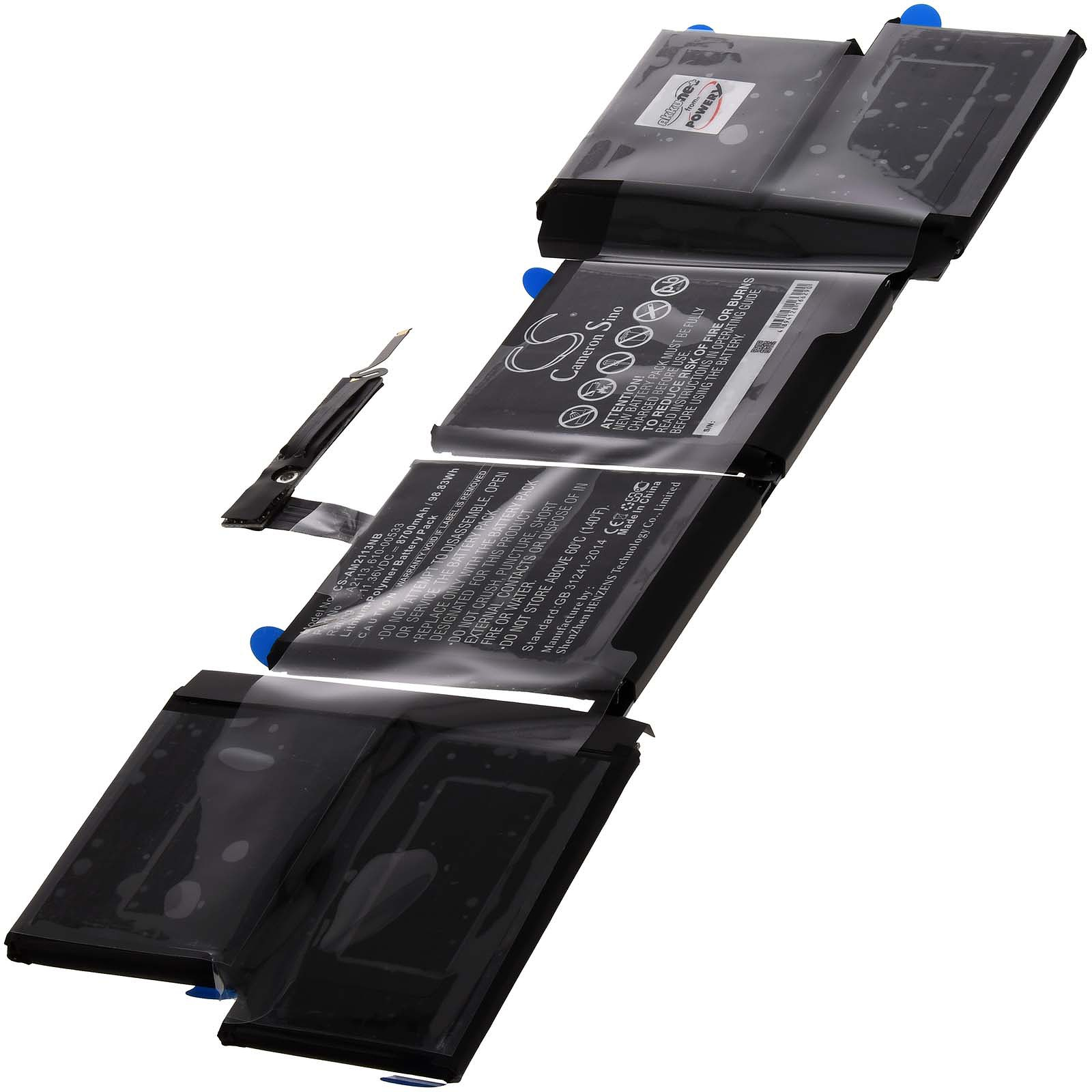 Laptop-Akkupack in transparenter Verpackung, mit mehreren Abschnitten, Etiketten und blauem Klebeband, auf Weiß.