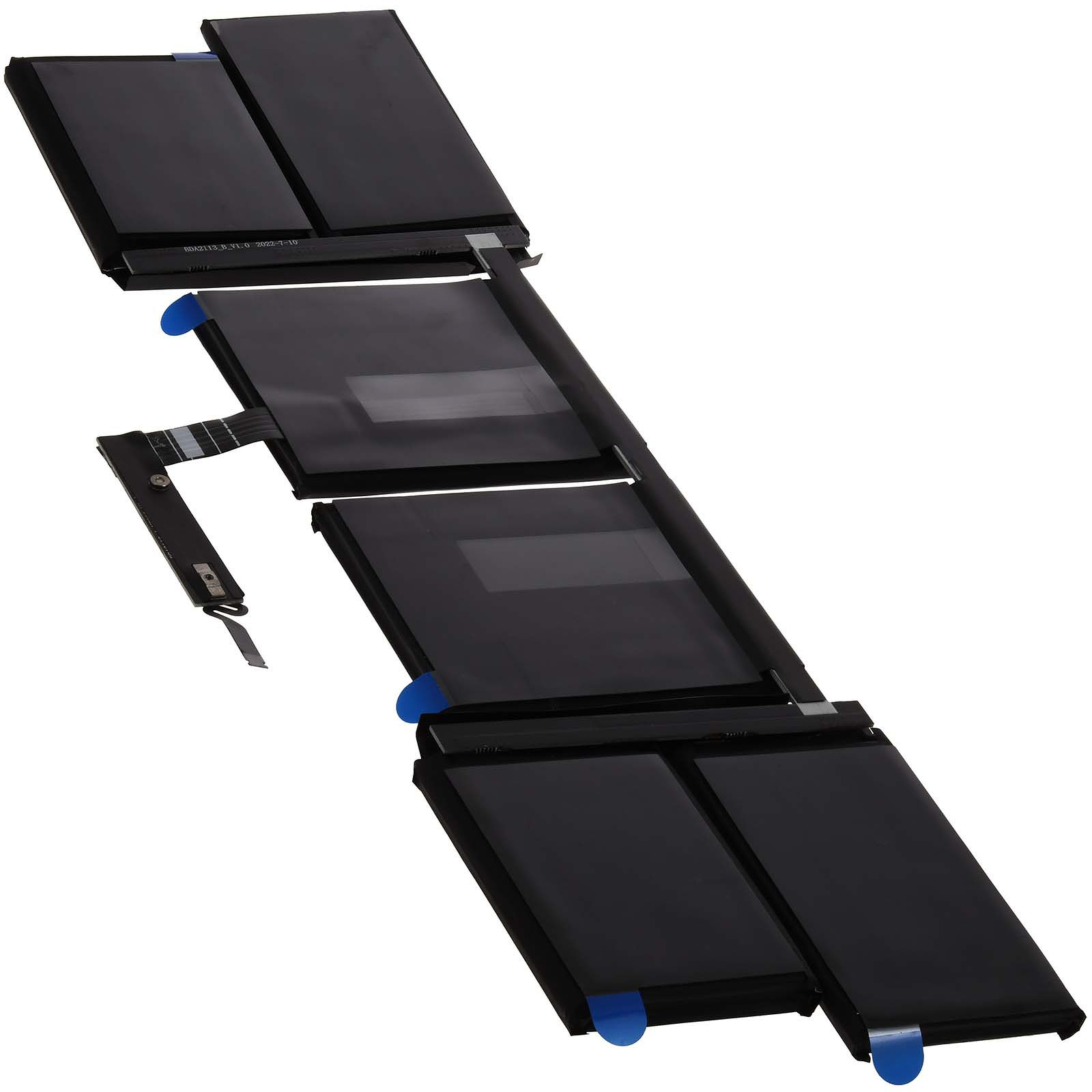 Schwarzer Laptop-Akku mit mehreren verbundenen Zellen und blauen Zuglaschen.