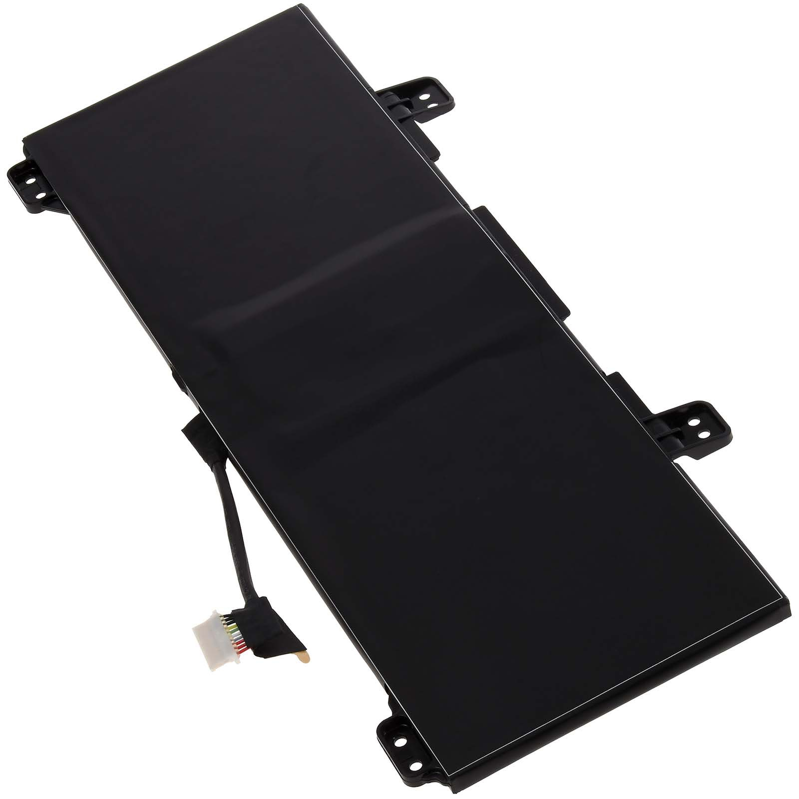 Schwarzer rechteckiger Laptop-Akku mit weißem Anschluss. Es ist ein schwarzer, rechteckiger Akku mit einem schwarzen Kabel.