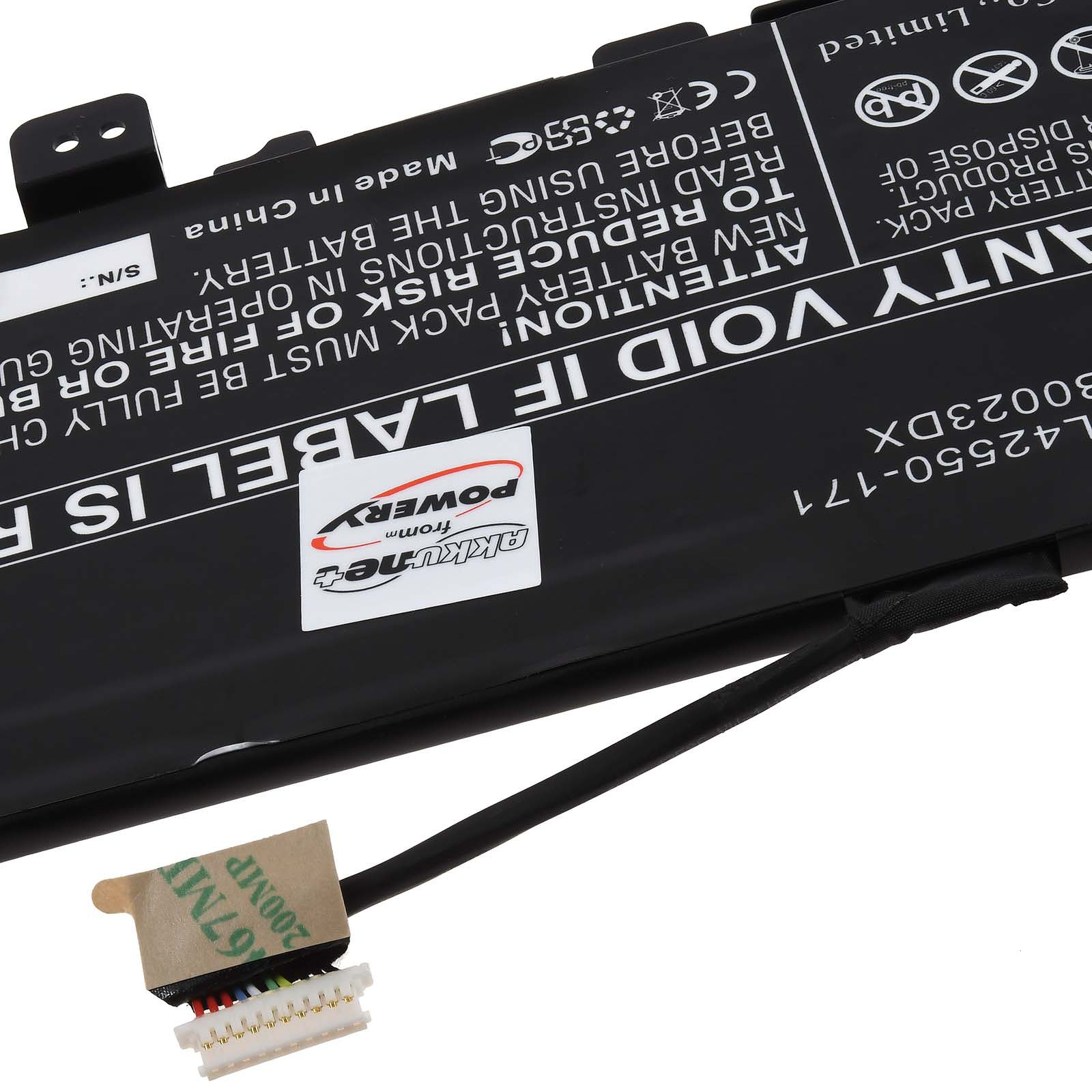 Ein schwarzer Laptop-Akku mit einem Aufkleber mit der Aufschrift 'VOID IF LABEL IS REMOVED'. Der Hintergrund ist weiß.