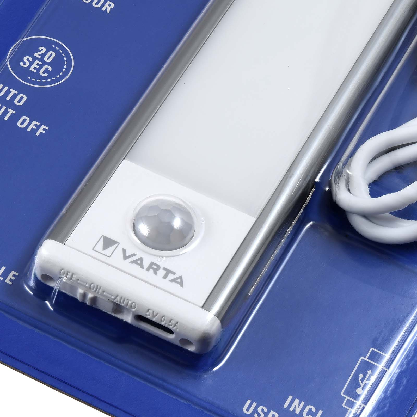 Varta LED-Lichtleiste mit Bewegungssensor und USB-Ladeanschluss. Blaue Verpackung.