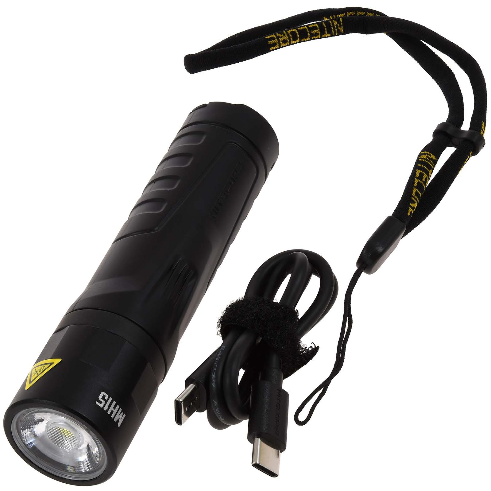 Schwarze Taschenlampe mit Ladekabel und Handschlaufe.