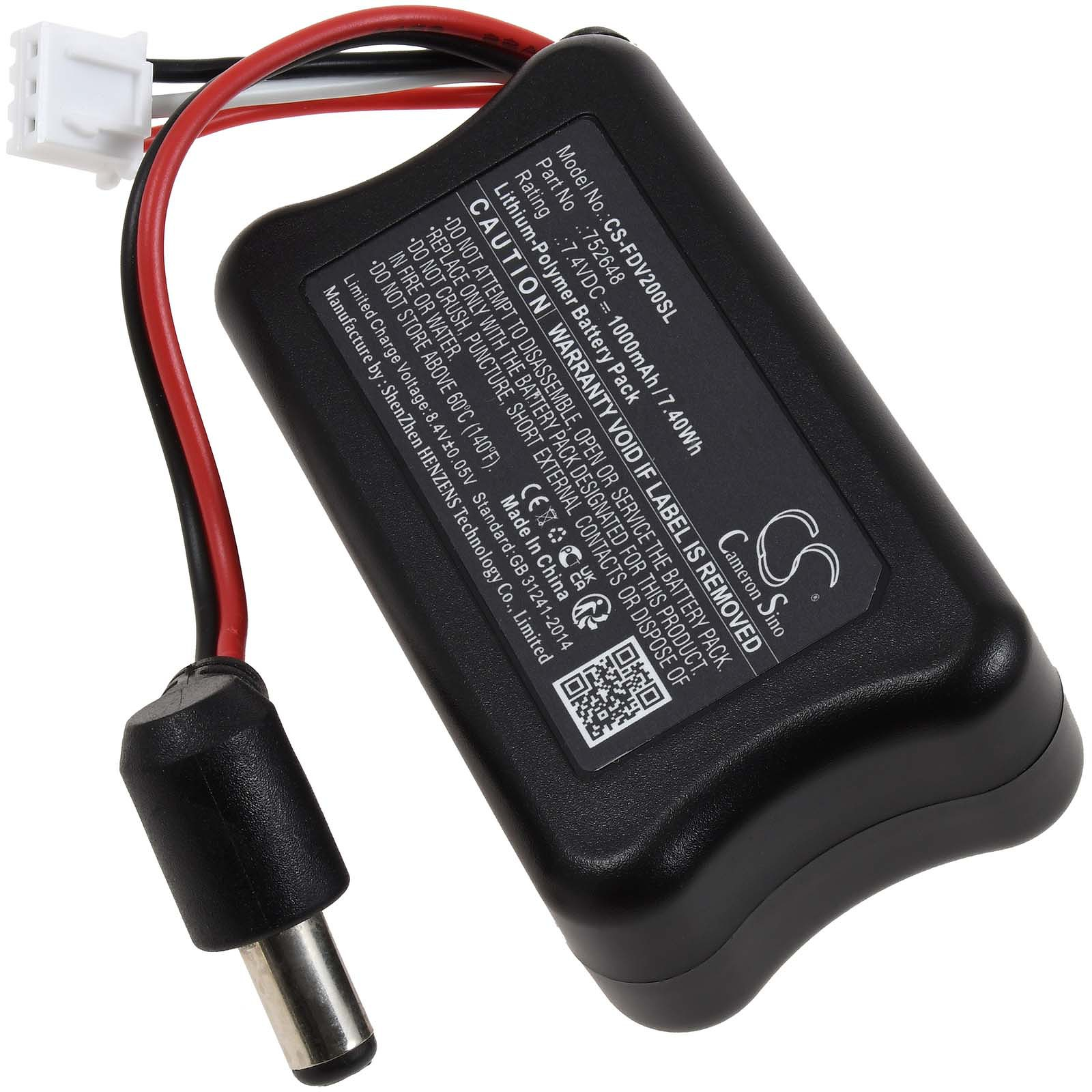Schwarzer Laptop-Akku mit Kabeln und Stecker. Text auf der Batterie.