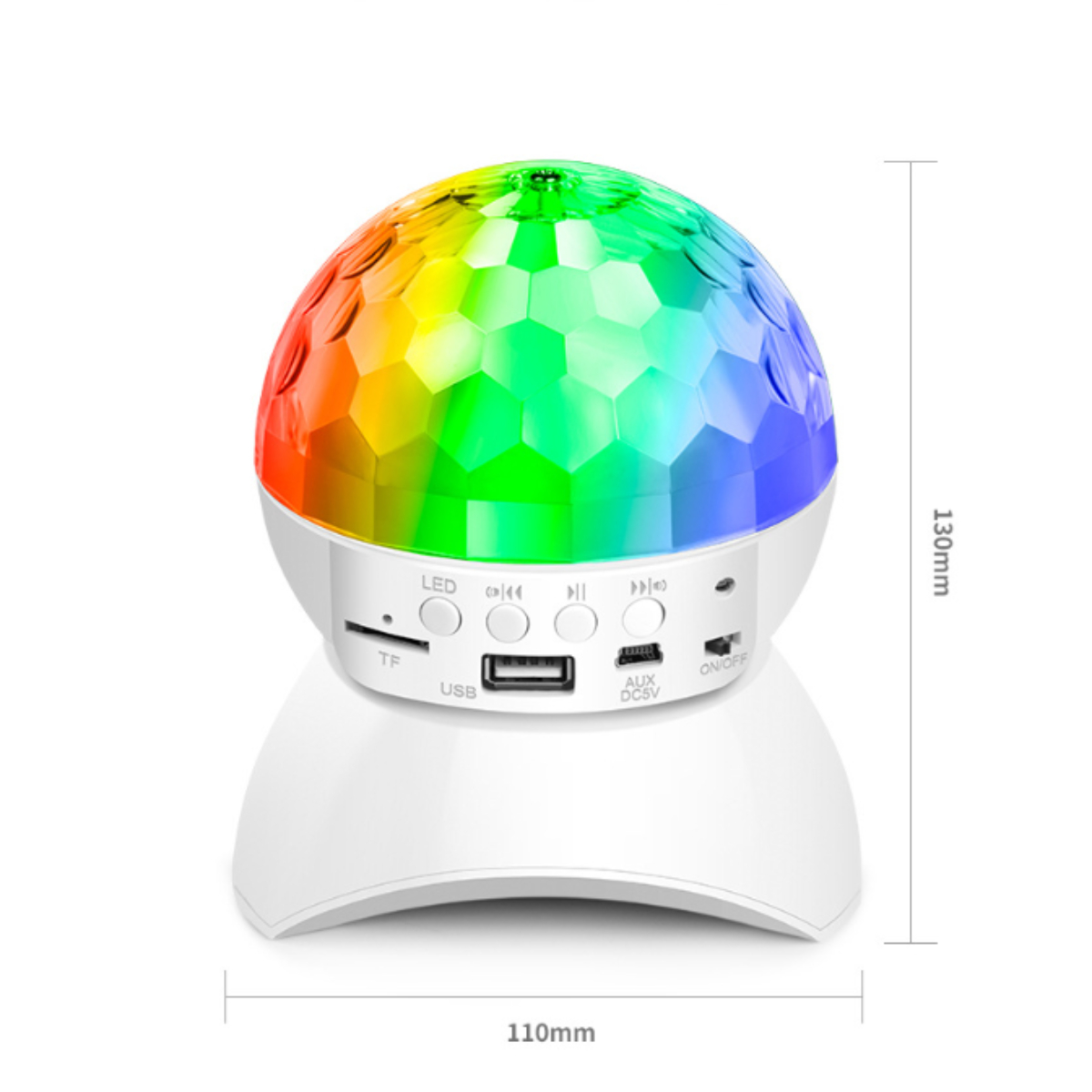 Ein weißer Discokugel-Lautsprecher, der Regenbogenlichter projiziert. Er hat Knöpfe und Abmessungen.