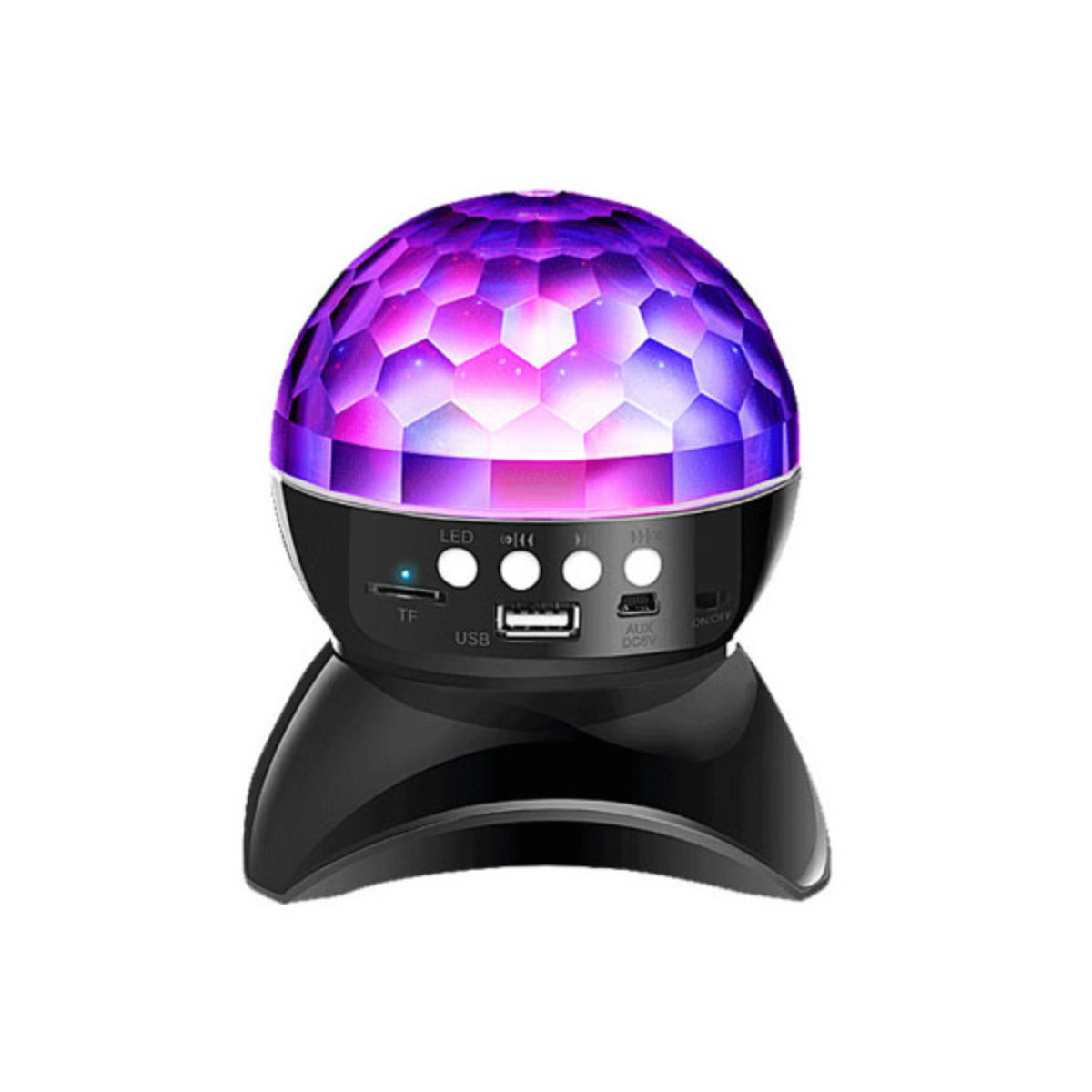 Schwarzer Diskokugel-Lautsprecher mit bunten Lichtern. USB-, AUX- und TF-Anschlüsse.