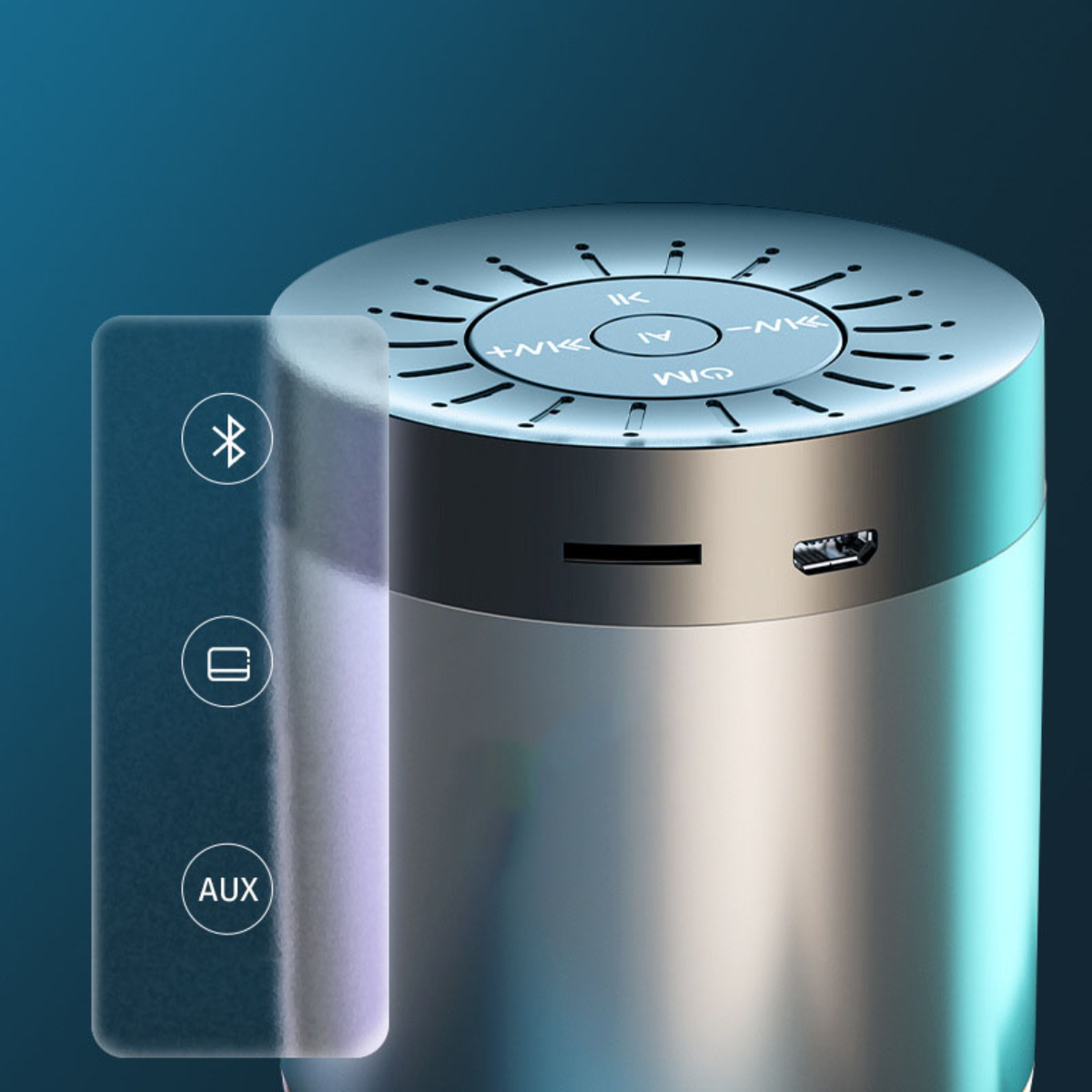Silberner zylindrischer Lautsprecher mit Steuertasten, Bluetooth- und AUX-Symbolen auf blauem Hintergrund.