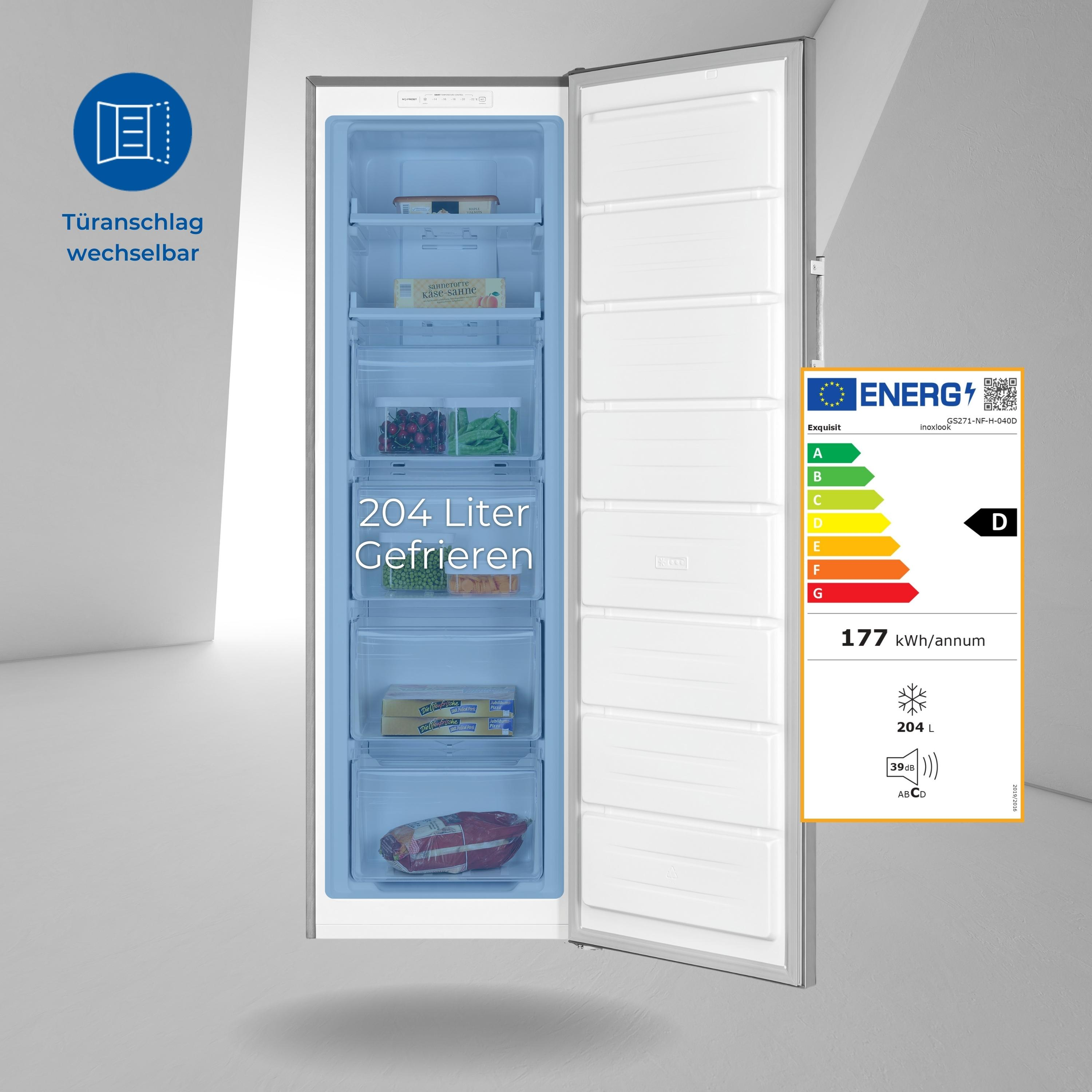 Refrigerador blanco con puerta abierta, estantes interiores con alimentos. Etiqueta energética presente.