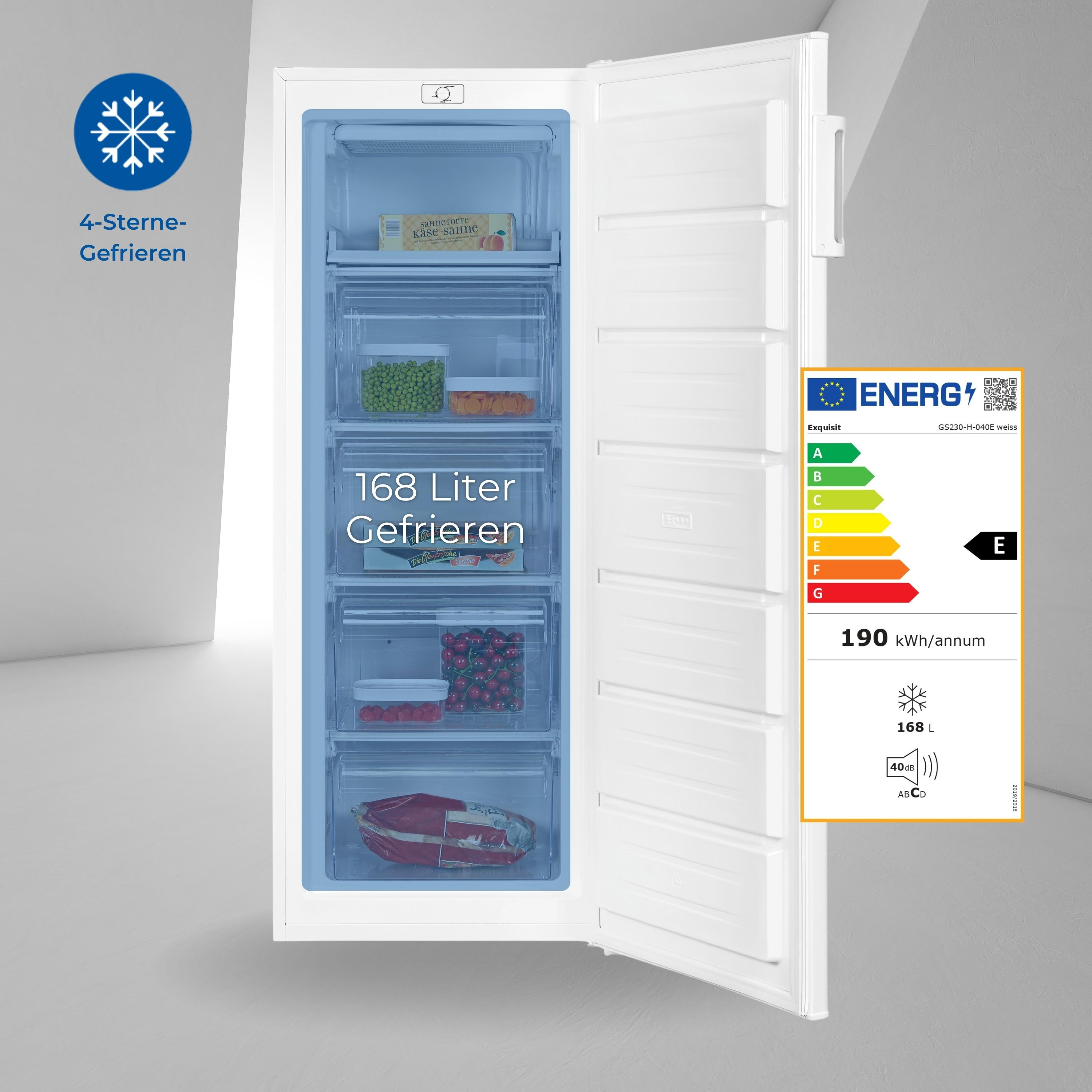 Weißer Gefrierschrank offen, zeigt Schubladen mit Essen. Energielabel an der Seite, 168 Liter.