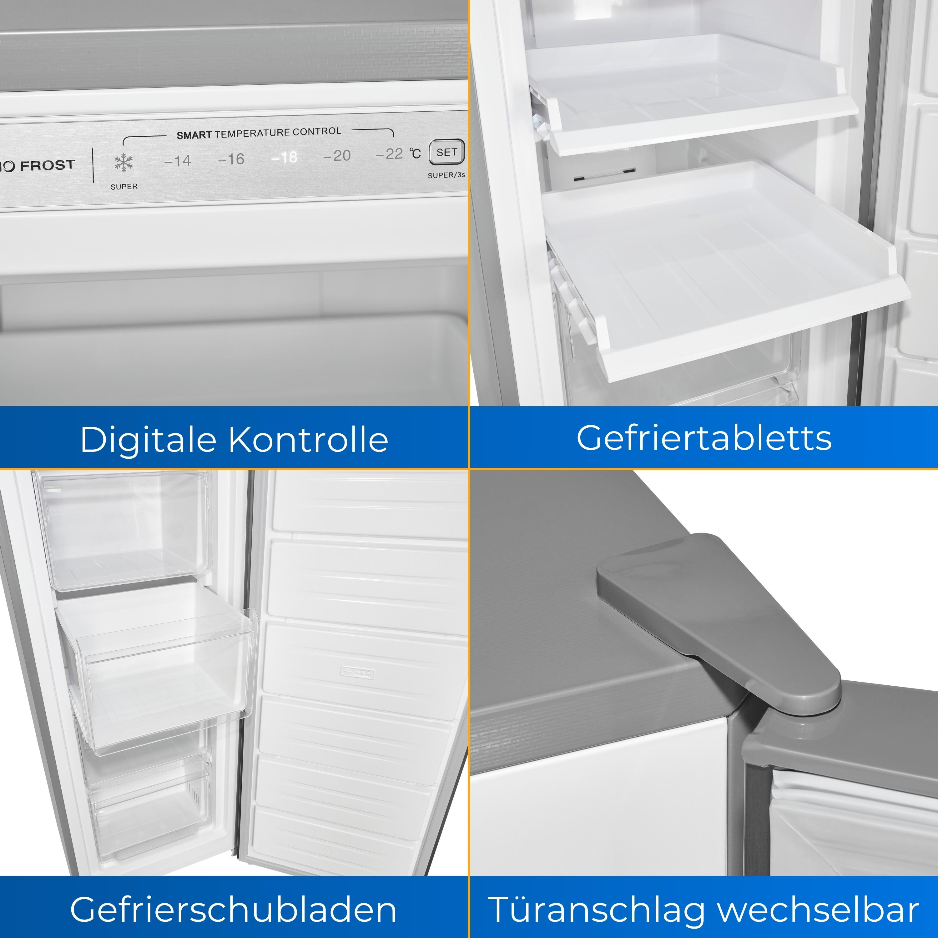Cuatro imágenes que muestran características del congelador: controles digitales, estantes, cajones, bisagra de la puerta.
