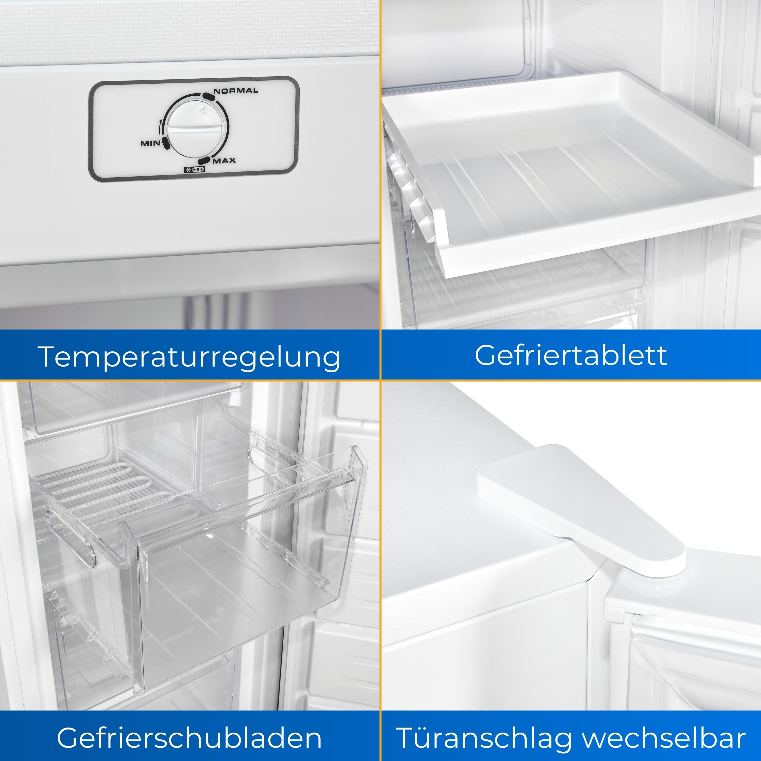 Vier Bilder von Kühlschrankkomponenten: Bedienfeld, Gefrierschale, Schubladen und Türscharnier.