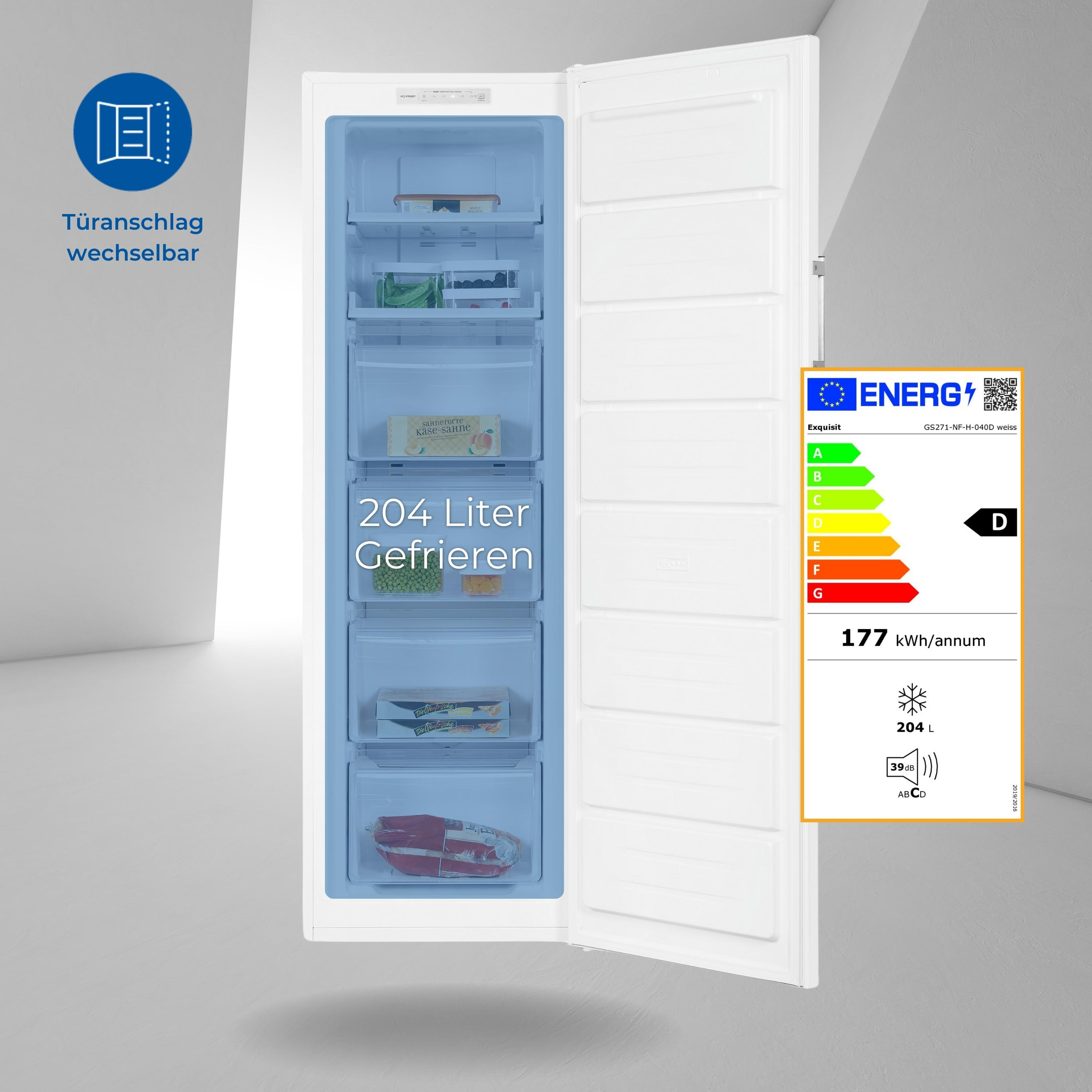 Refrigerador blanco con puerta abierta que muestra estantes con alimentos y etiqueta energética.