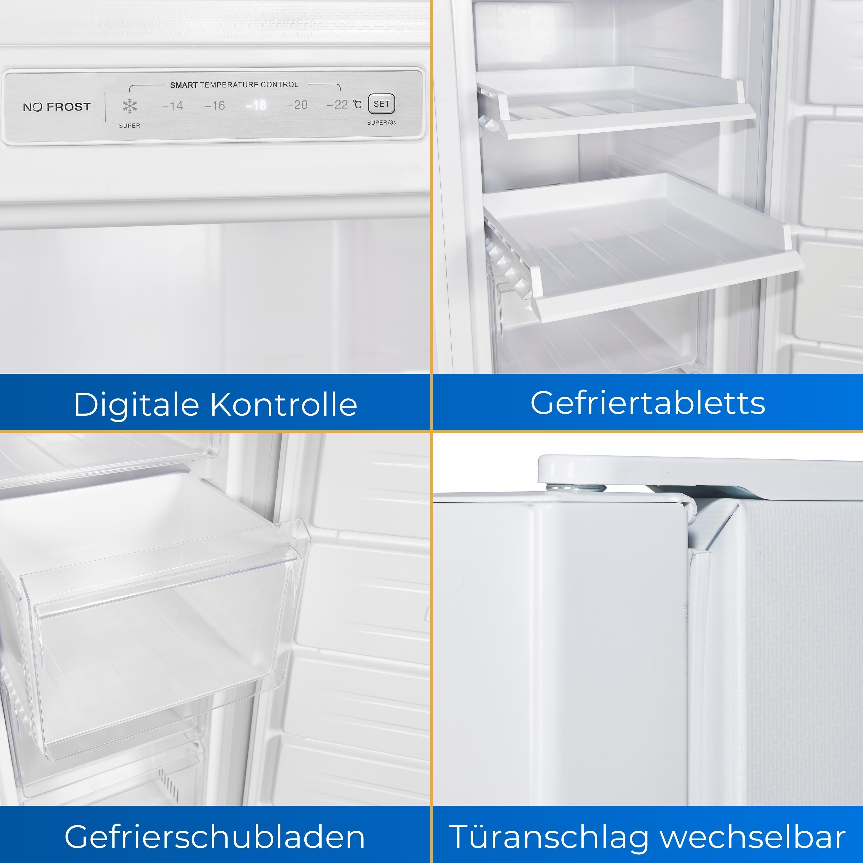 Dentro de un refrigerador blanco con estantes, cajones y controles digitales. Las etiquetas incluyen NO FROST.