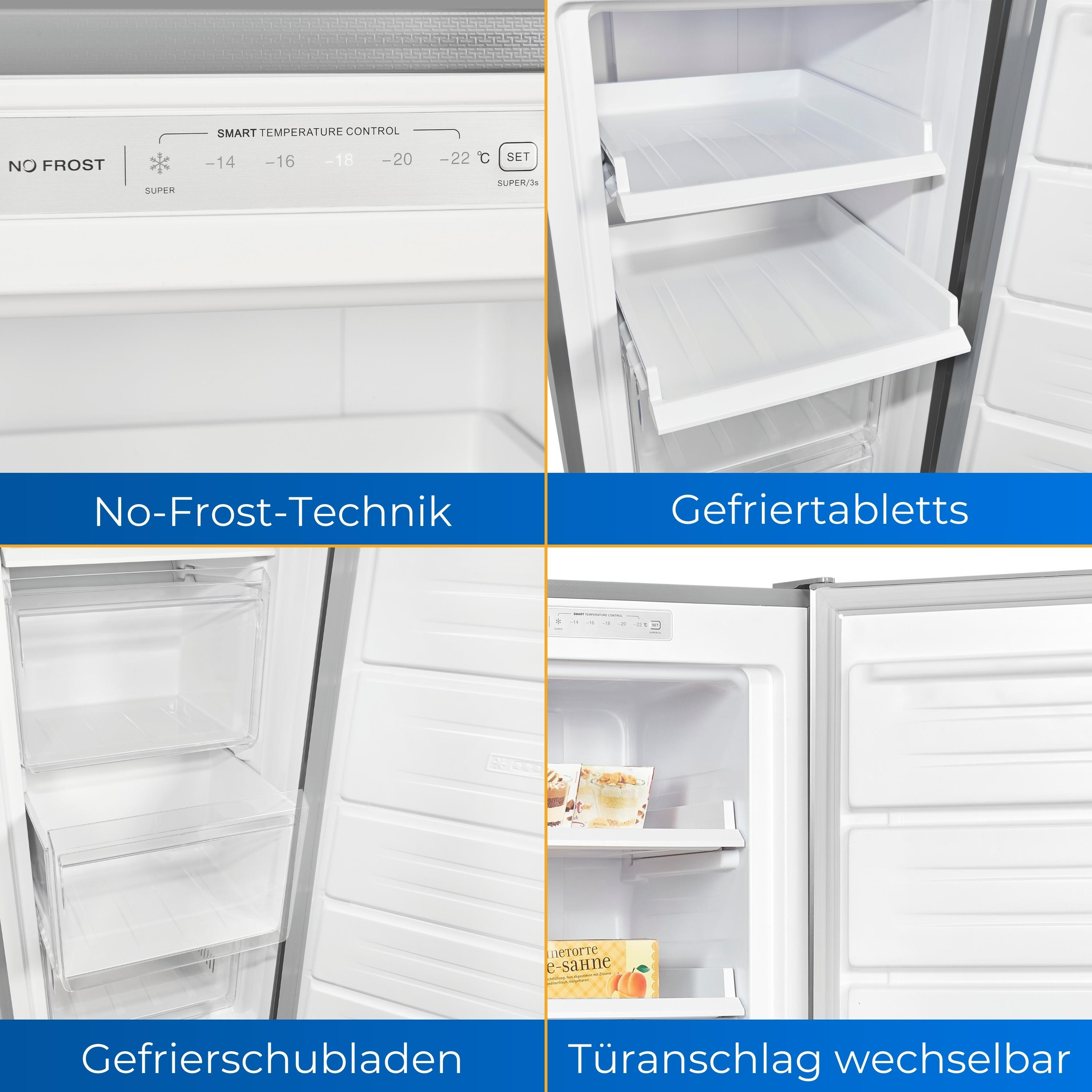 Nahaufnahme eines Kühlschranks mit Funktionen wie Temperaturregelung, Ablagen und Schubladen. Die Tür ist geöffnet.